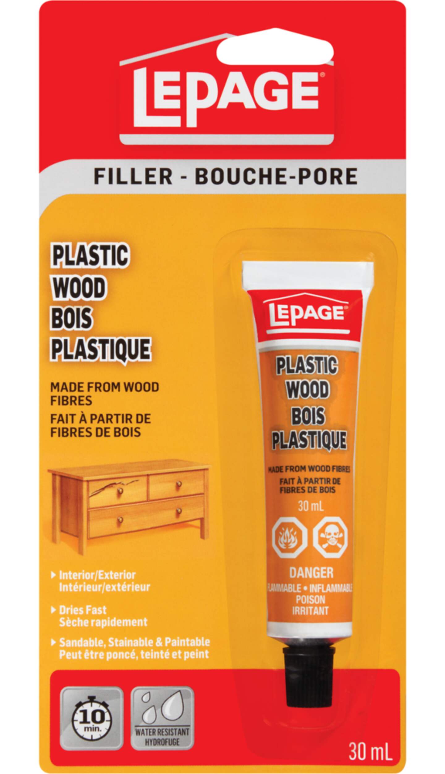 LePage Plastic Wood Filler, Repairs Holes/Cracks/Seams/Joints, Water-Resistant, 30-mL Front_Flat