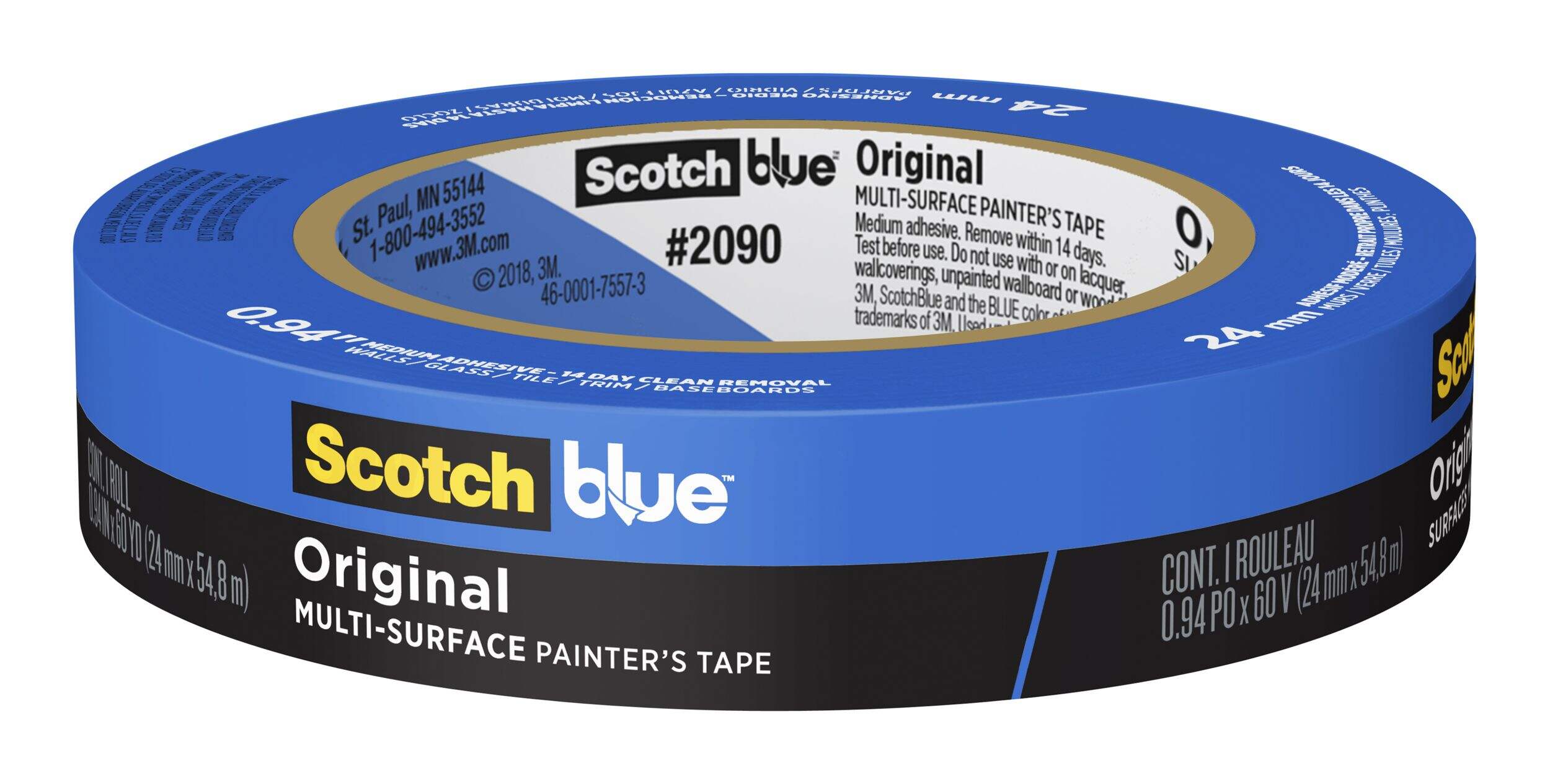 3M ScotchBlue Original Multi-Surface Painter's Tape, UV-Resistant, Blue, 0.94-in x 60-yd Front_Elevated