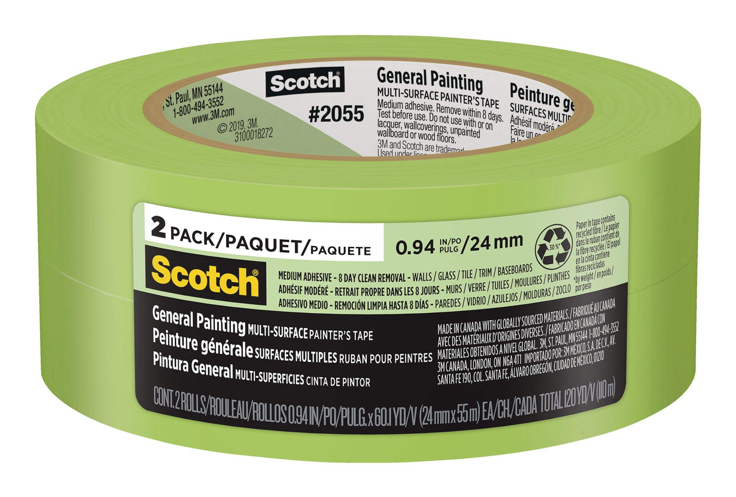 3M Scotch General Painting Multi-Surface Painter's Tape, Green, 1-in x 60-yd, 2-pk Front_Elevated