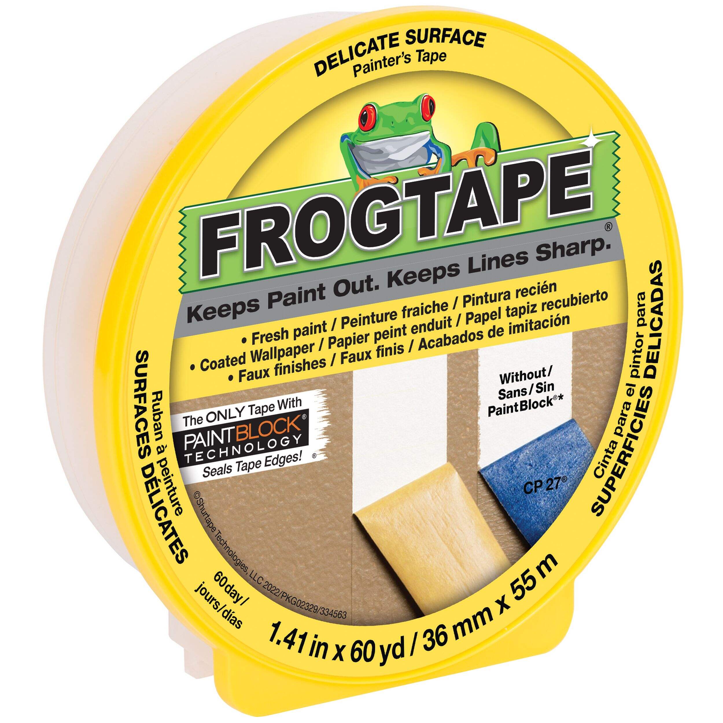 FrogTape Delicate Surface Painter's Tape, Yellow, 36-mm x 55-m Front_Three_Fourths_Angled_Right