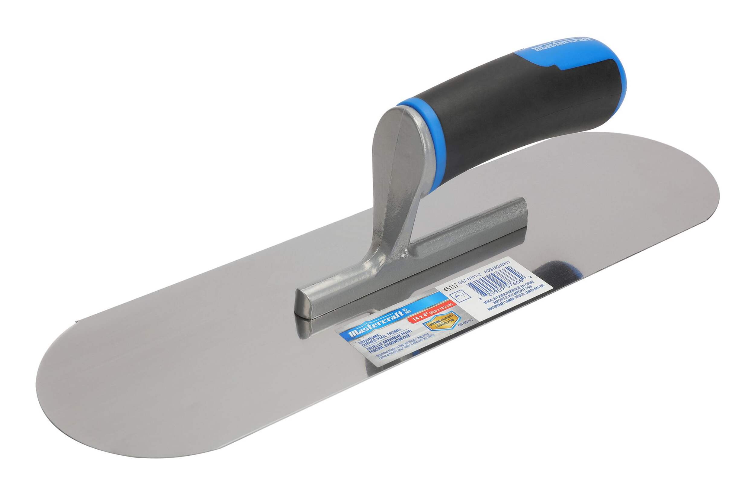 Mastercraft Steel Curved Pool Trowel with Comfort Grip For Masonry & Concrete Work, 4 x 14-in Front_Angled_Left