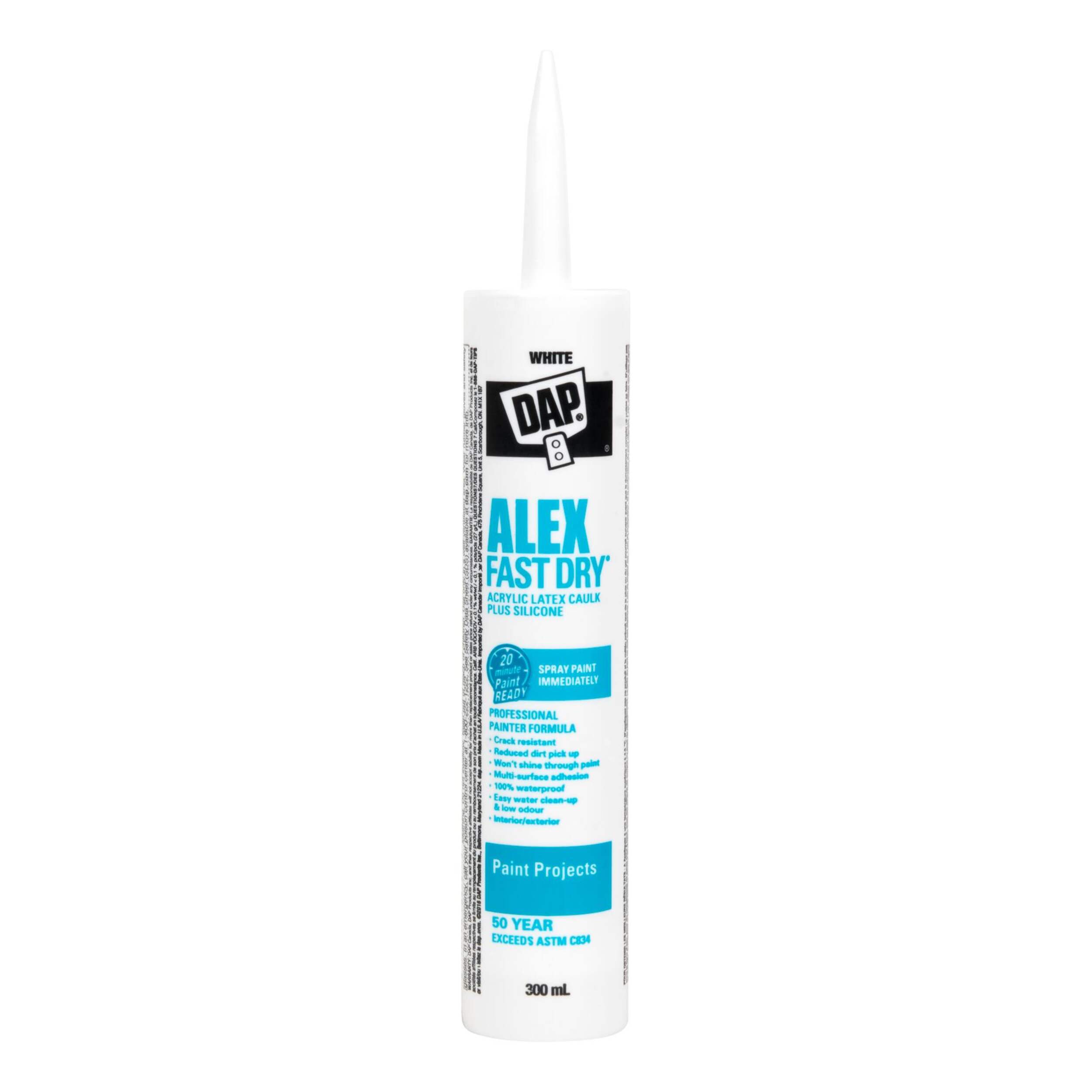 DAP Alex Fast Dry Acrylic Latex Caulk Plus Silicone, Waterproof, Paintable, White, 300-mL Front_Flat