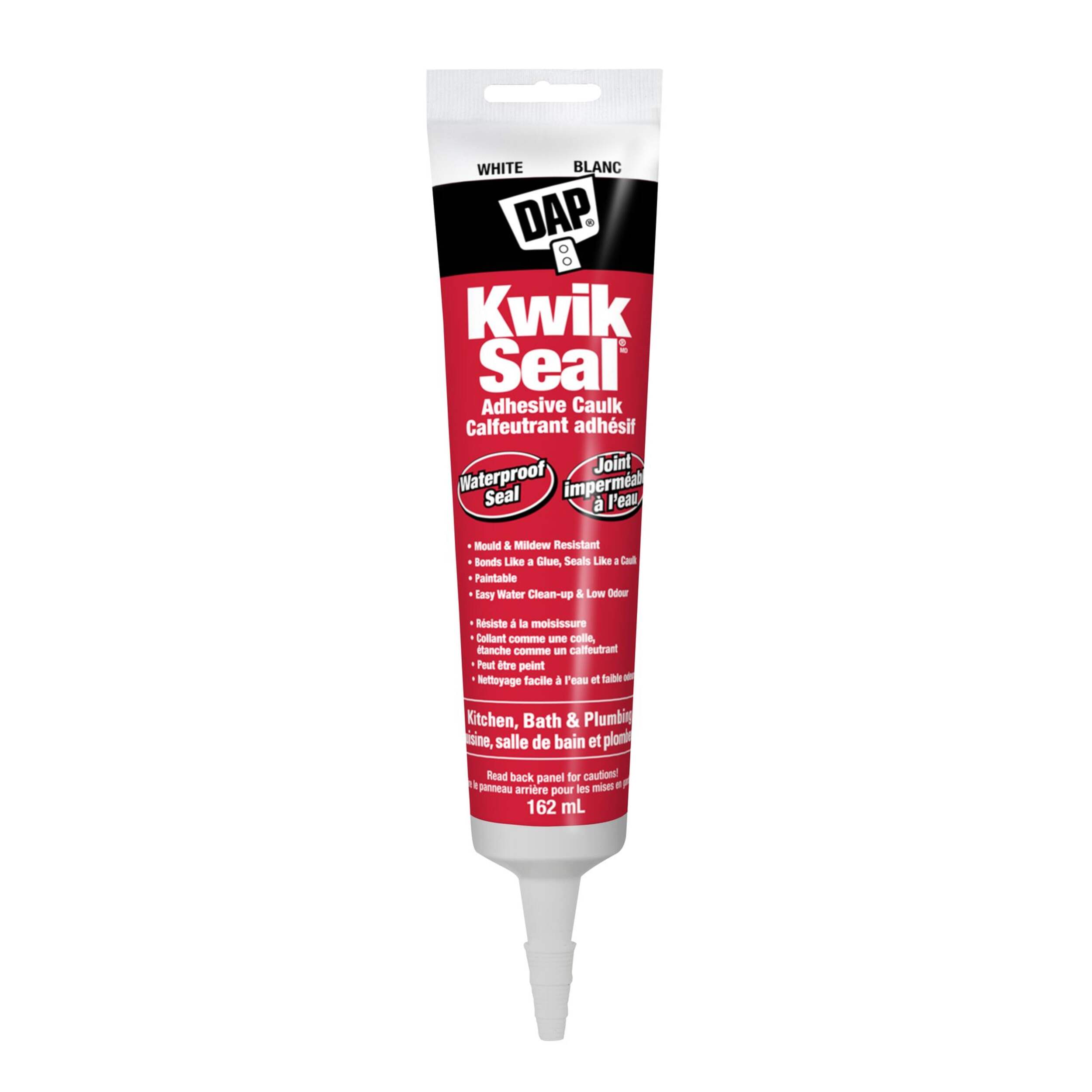 DAP Kwik Seal Kitchen & Bath Adhesive Caulk, Waterproof Seal, Paintable, White, 162-mL Front_Flat