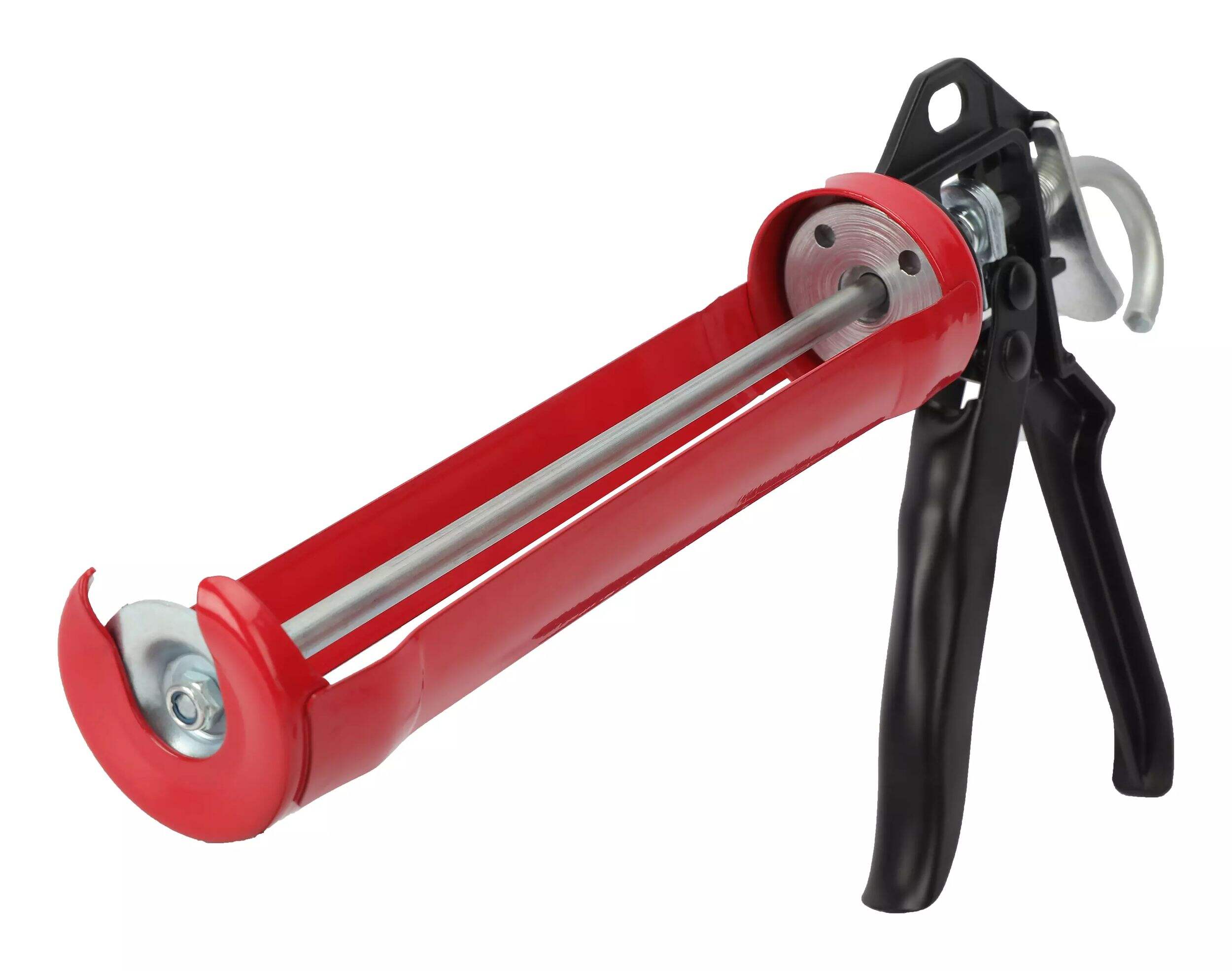 Metal Easy-Loading Caulking Gun Applicator/Dispenser with Rotating Cradle & Ladder Hook, Red Front_Three_Fourths_Angled_Left