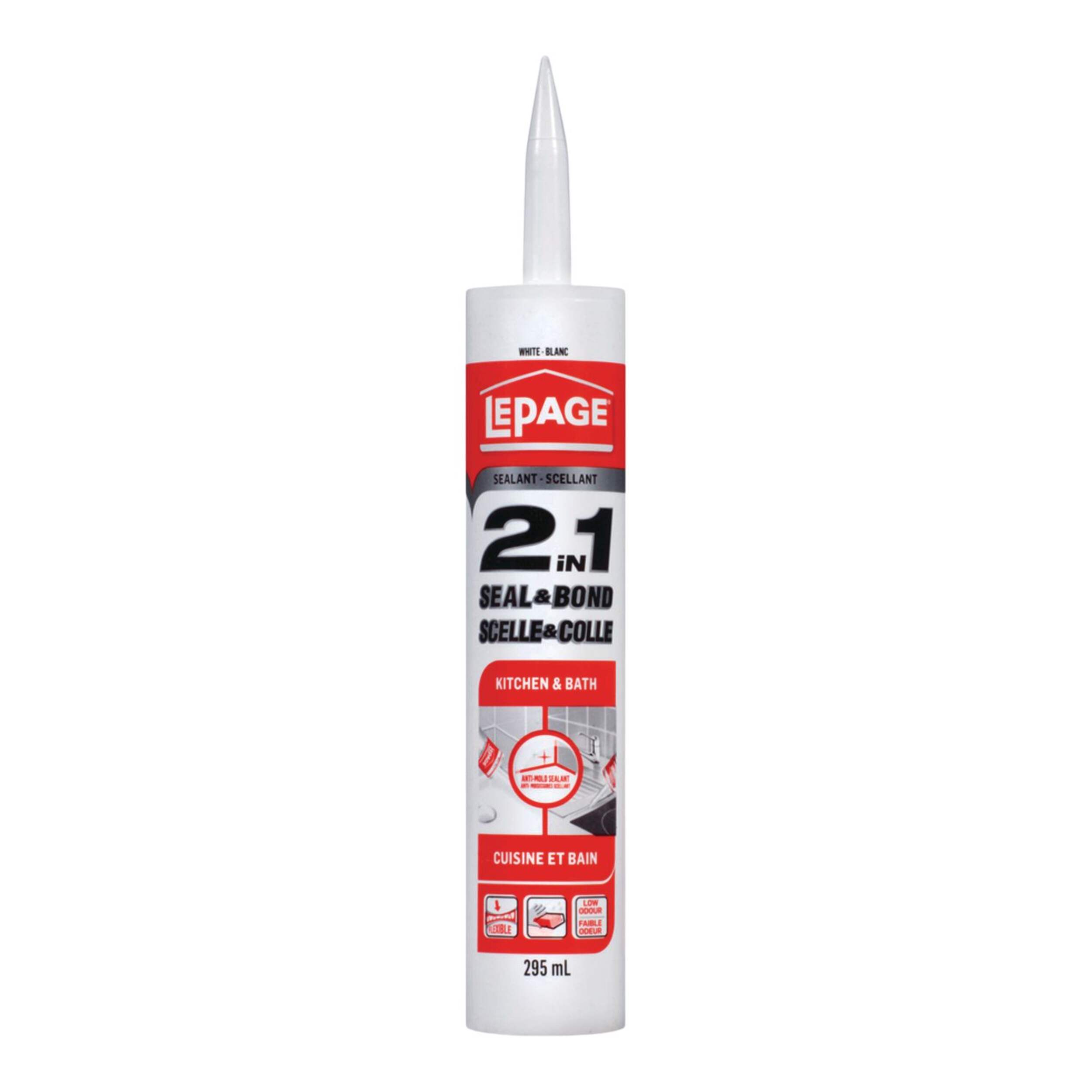 LePage 2-in-1 Seal & Bond Bath & Kitchen Caulk Sealant, Water-Resistant, White, 295-mL Front_Flat
