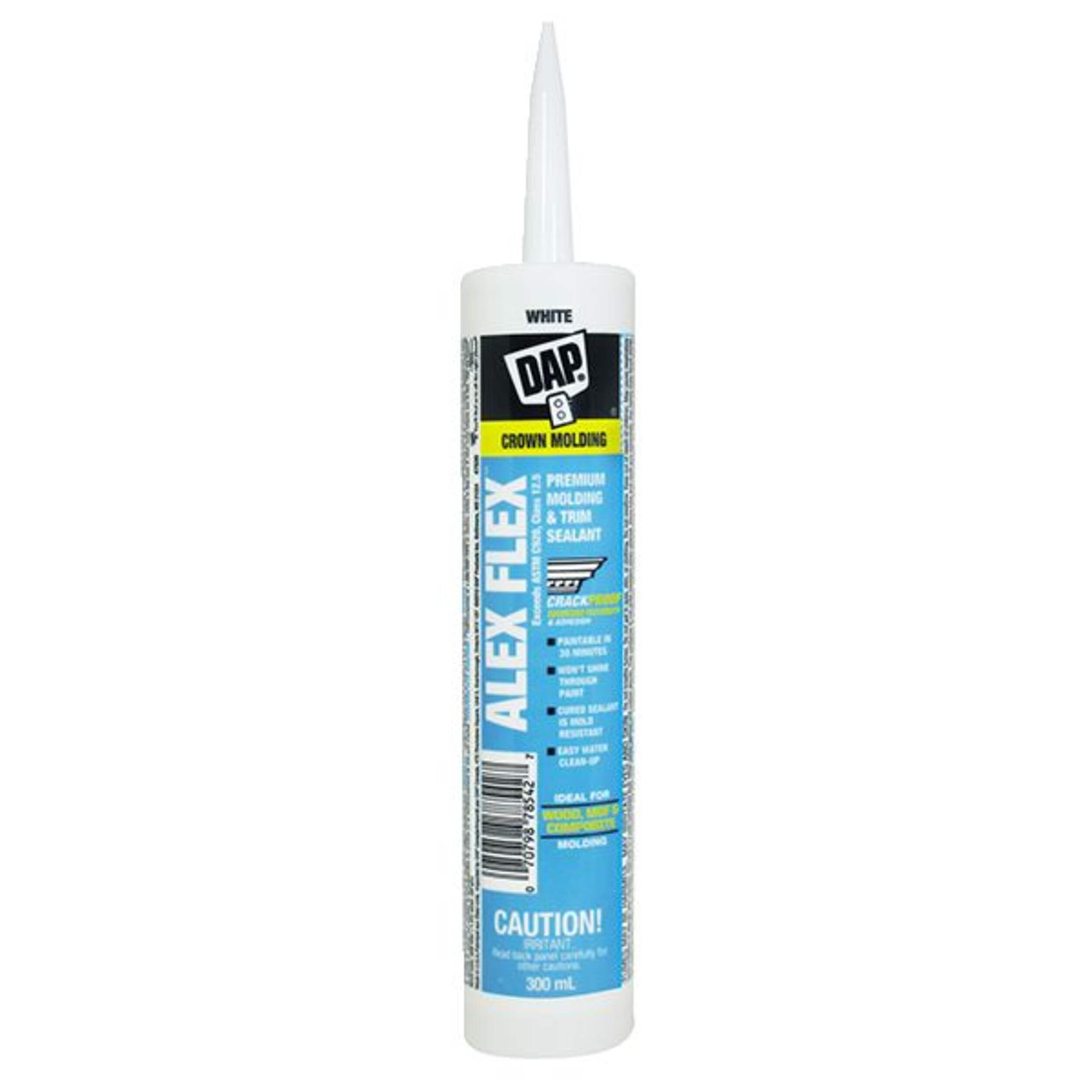 DAP Alex Flex Premium Crown Molding & Trim Sealant, Indoor/Outdoor, Waterproof, White, 300-mL Front_Flat