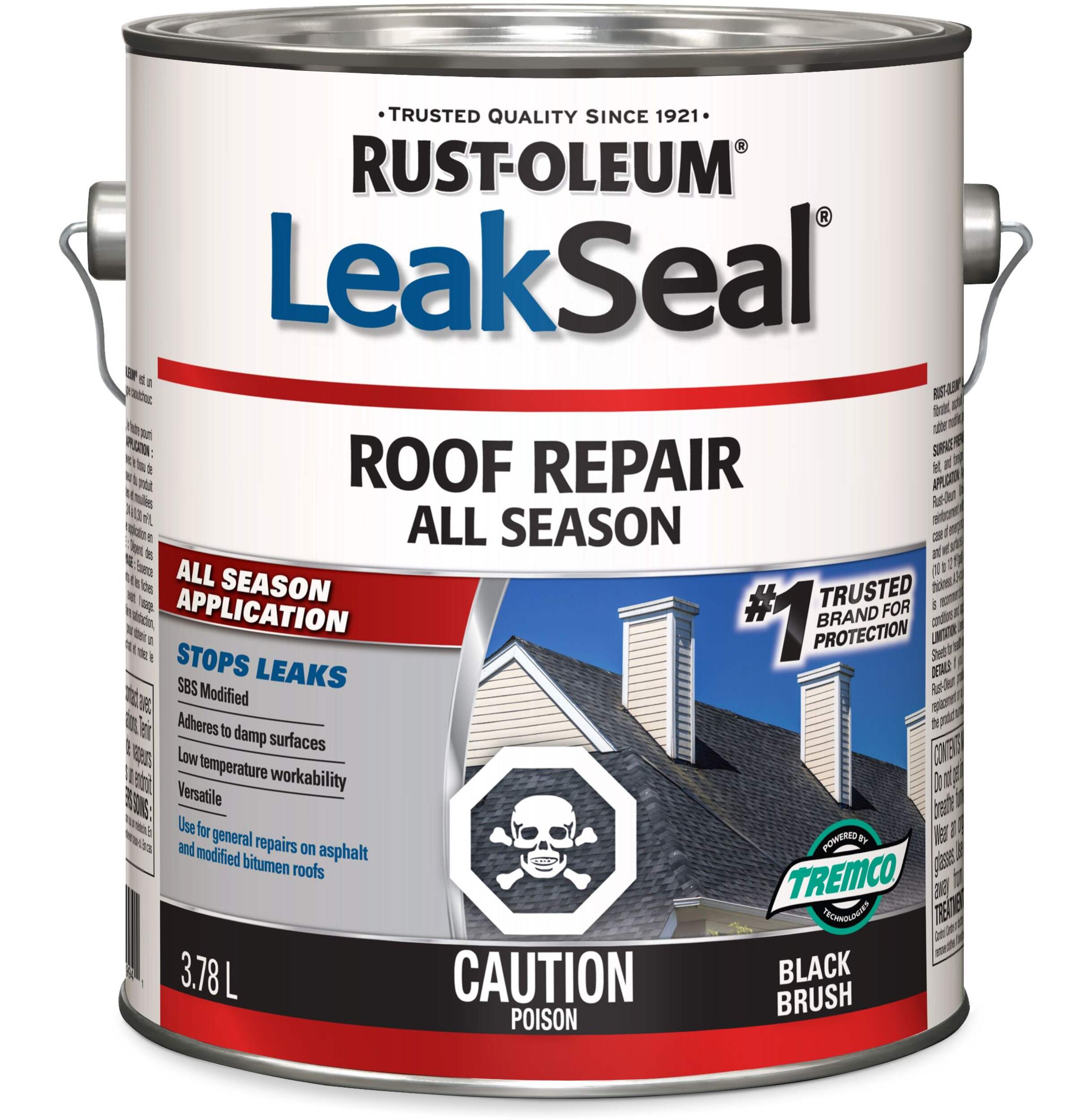 Scellant hydrofuge toute saison pour réparation de toit Rust-Oleum LeakSeal, application sèche/humide, brosse noire, 3,78 L Front_Elevated
