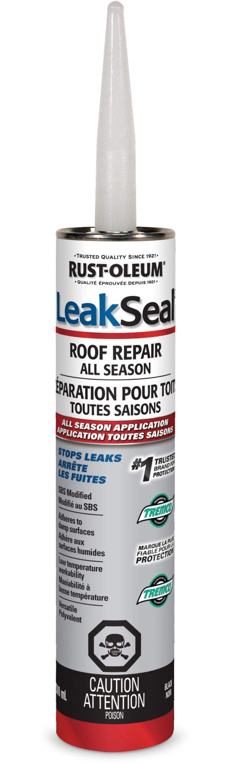Scellant hydrofuge toute saison pour réparation de toit Rust-Oleum LeakSeal, application sèche/humide, noir, 300 mL Front_Flat