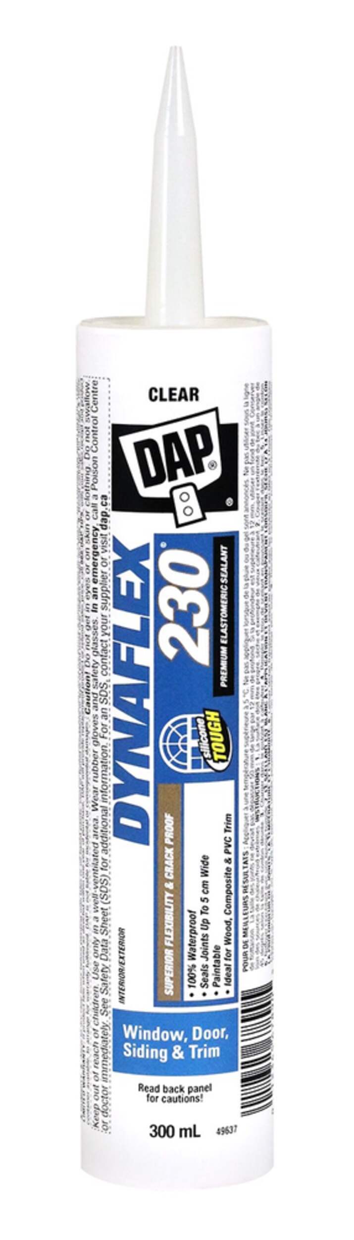 Scellant en élastomère et en silicone étanche de qualité supérieure DAP Dynaflex 230, transparent, 300 mL Front_Flat