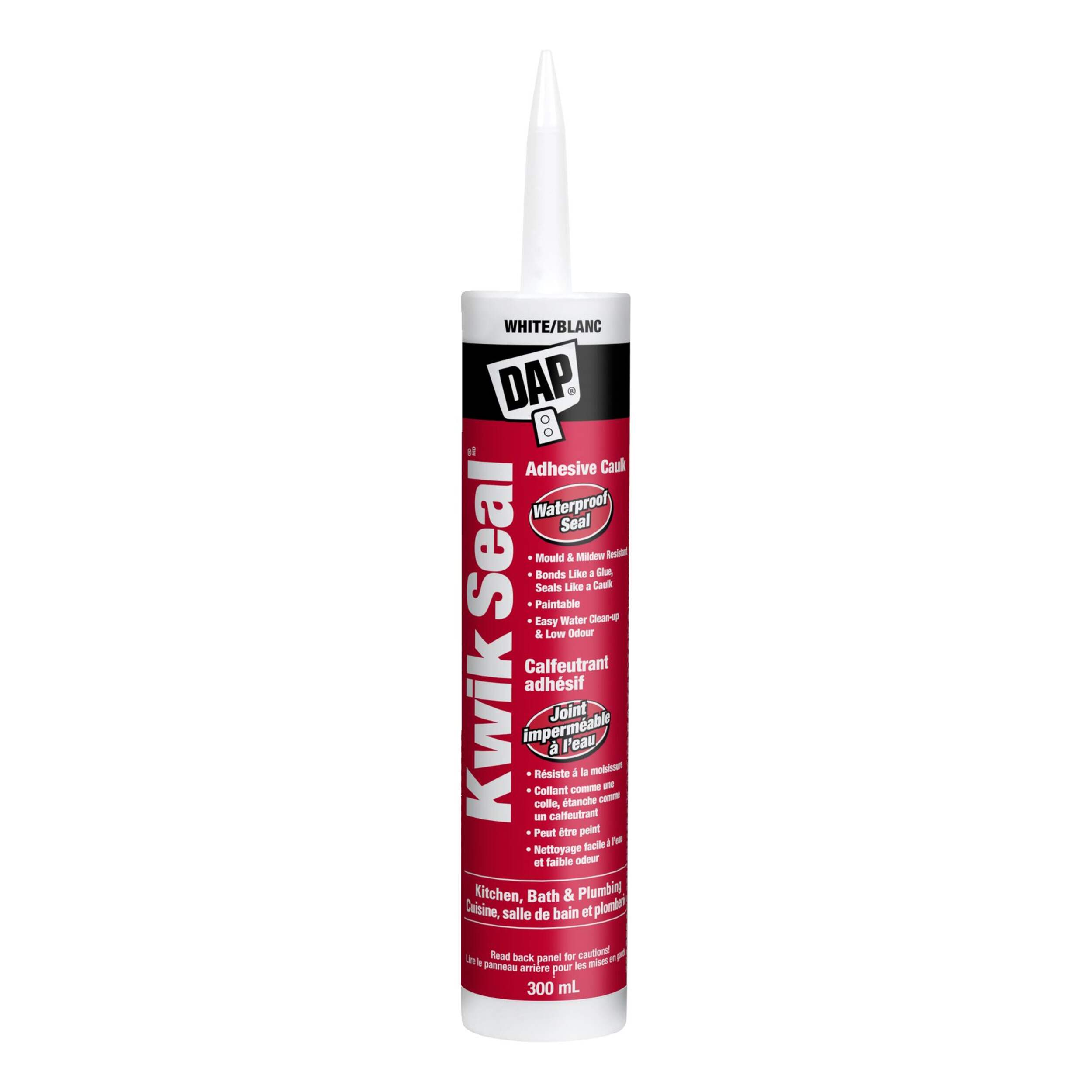 DAP Adhesive Caulk, Acrylic Latex Waterproof Sealant For Kitchen/Bath/Plumbing, White, 300-mL Front_Flat