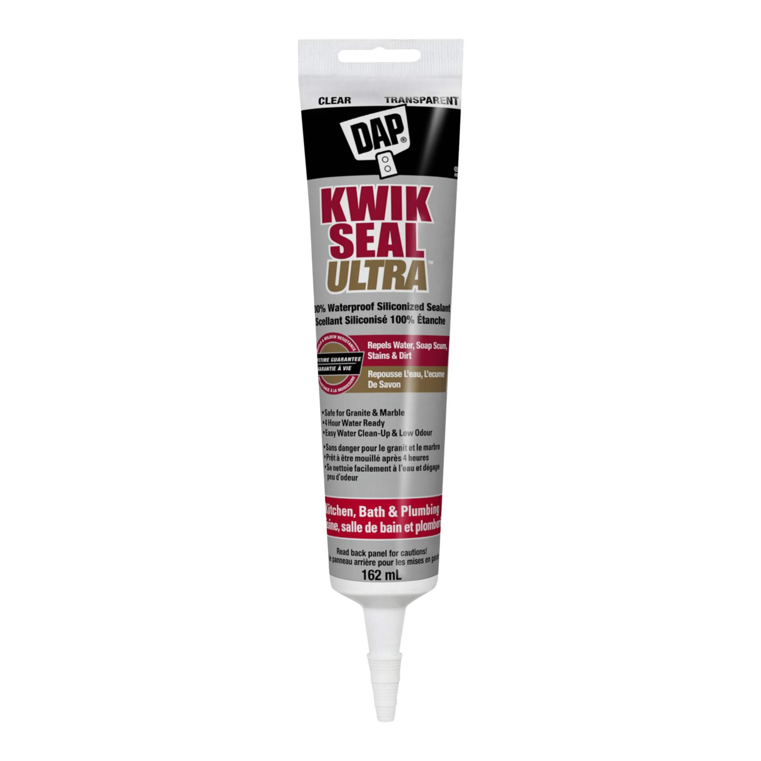 DAP Kwik Seal Ultra Kitchen, Bath & Plumbing Siliconized Sealant, Clear, 162-ml Front_Flat