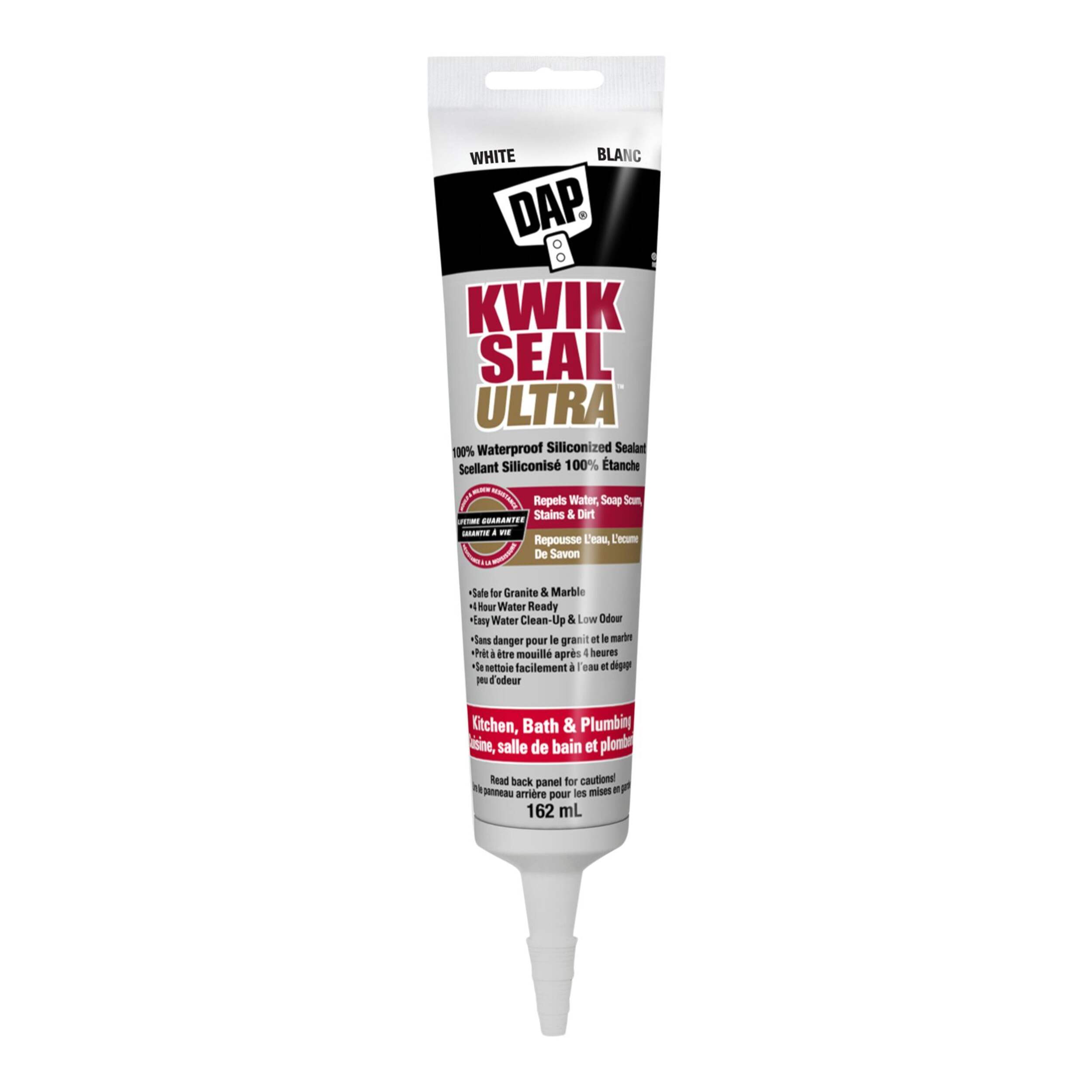 DAP Kwik Seal Ultra Kitchen, Bath & Plumbing Siliconized Sealant, White, 162-ml Front_Flat
