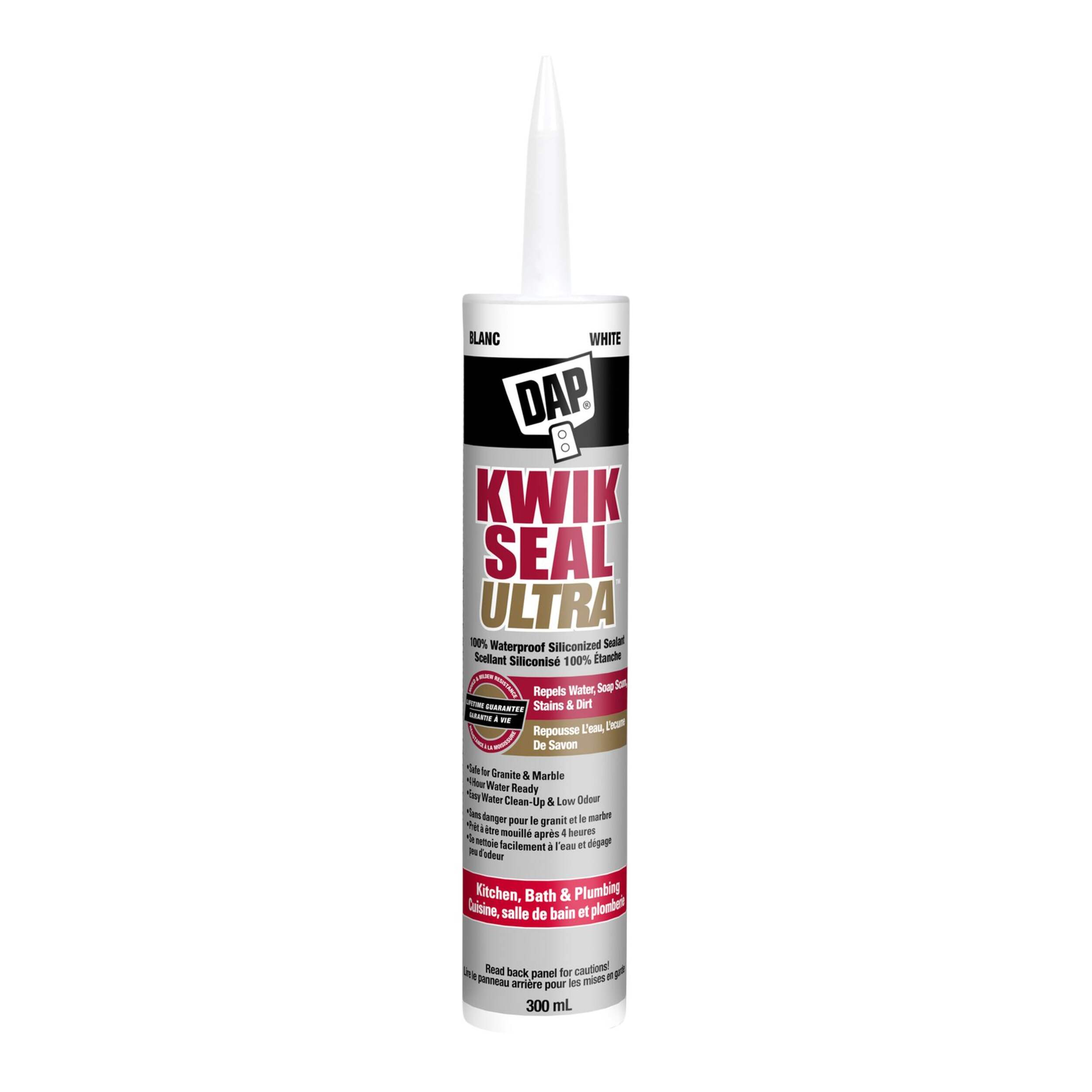 DAP Kwik Seal Ultra Kitchen, Bath & Plumbing Siliconized Sealant, White, 300-ml Front_Flat