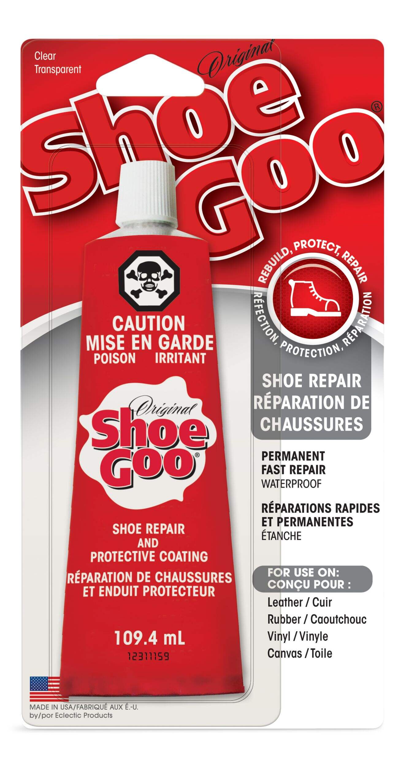 Shoe Goo Original Shoe Repair Adhesive Glue & Protective Coating,  Waterproof, Clear, 109.4-mL Front_Flat