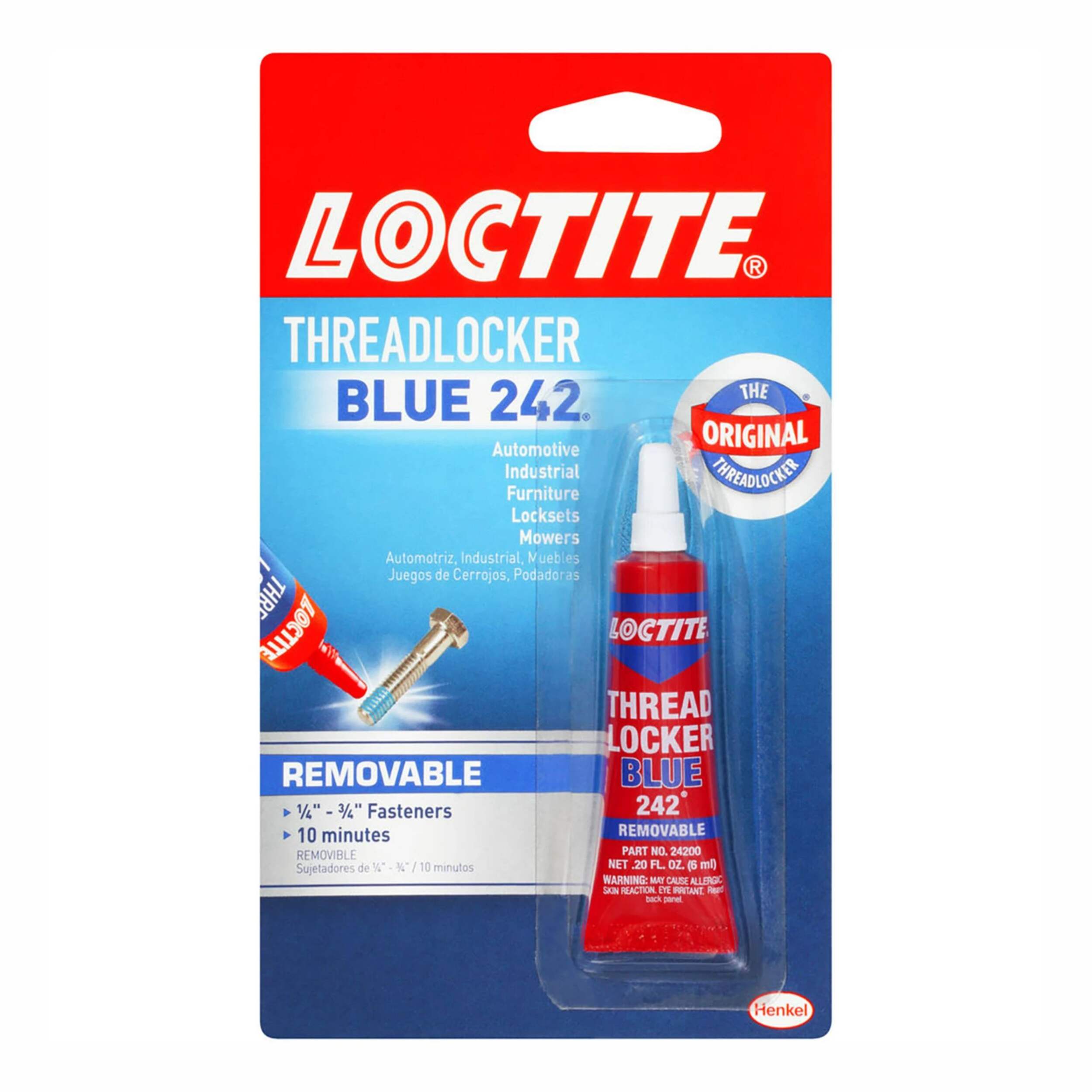 Loctite Threadlocker Blue 242 Nut & Bolt Locker Adhesive, Fast-Setting, Removable, 6-mL Front_Flat
