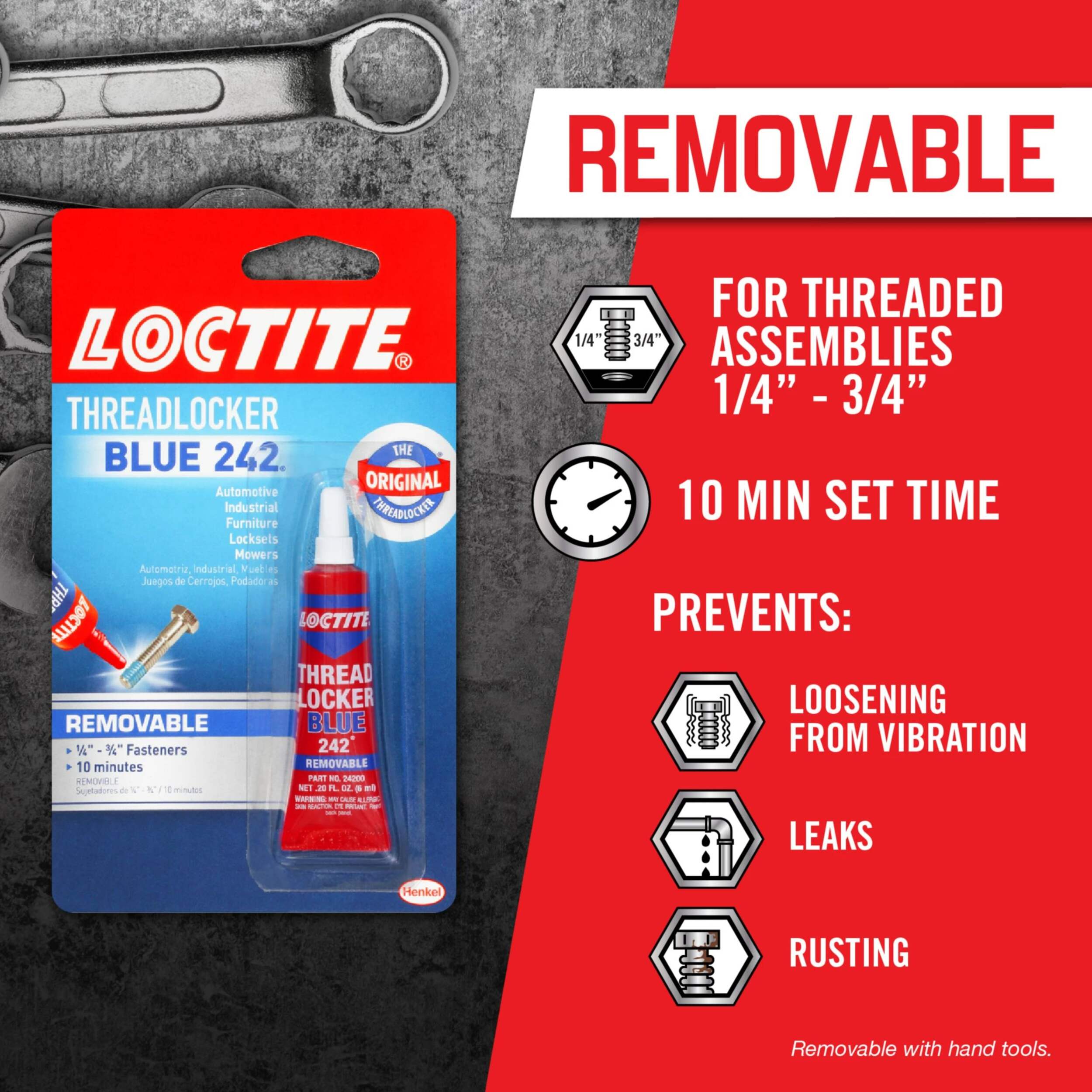 Loctite Threadlocker Blue 242 Nut & Bolt Locker Adhesive, FastSetting, Removable, 6mL