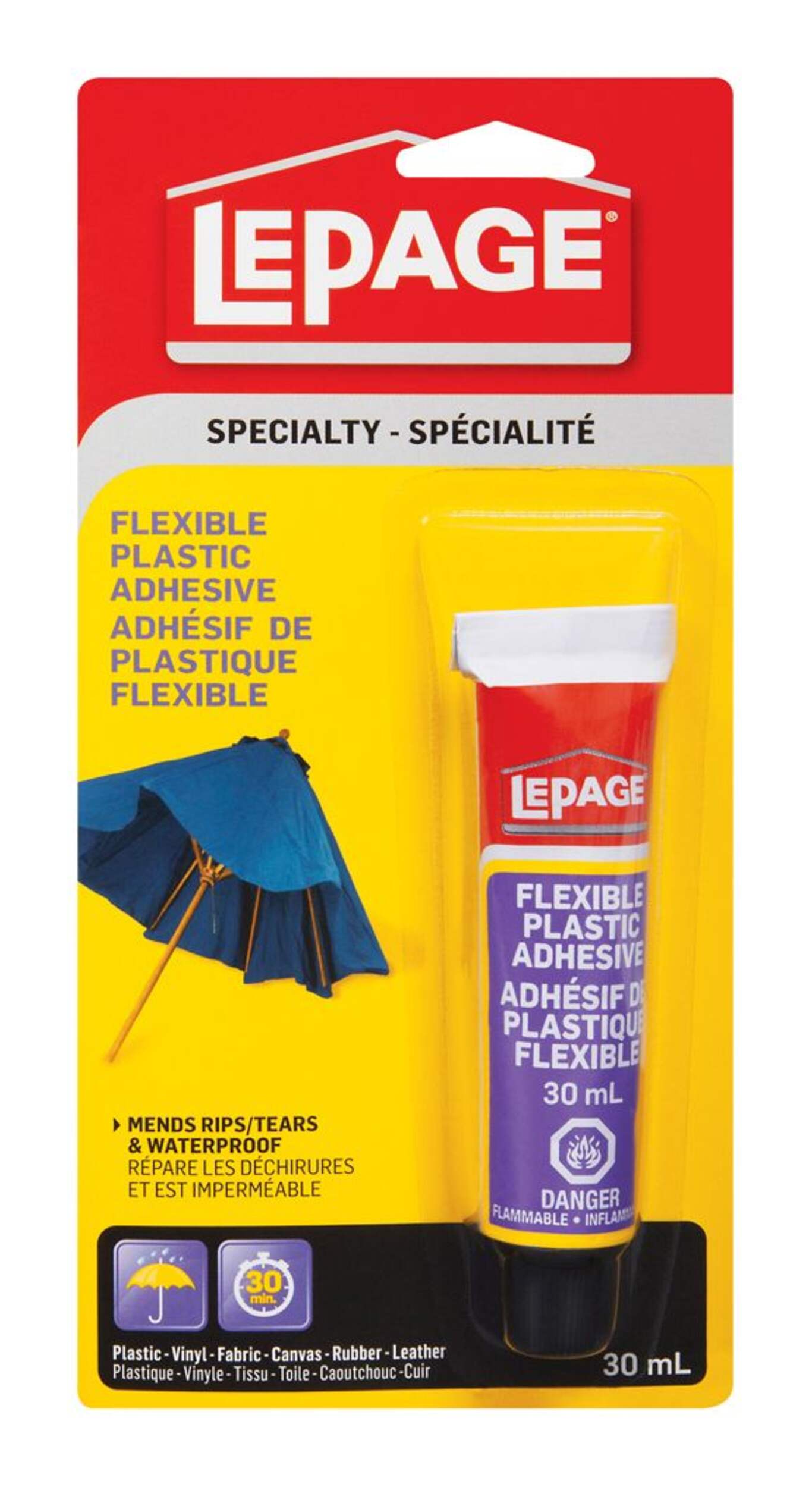 LePage Specialty Flexible Plastic Adhesive, Waterproof, Indoor/Outdoor Repairs Clear, 30-mL Front_Flat