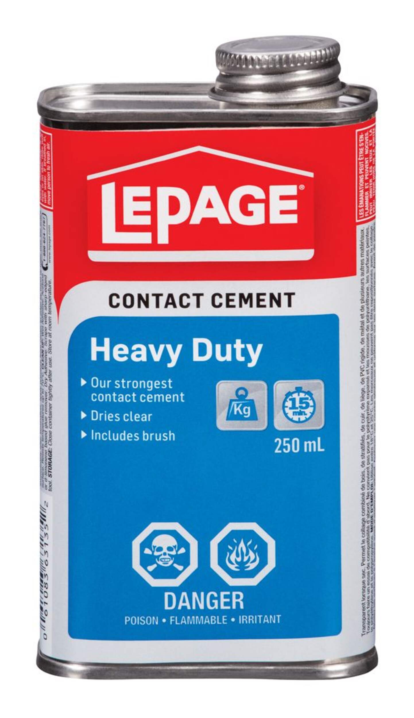 LePage Heavy Duty Multi-Purpose Contact Cement Adhesive Glue with Brush, Dries Clear, 250-mL Front_Flat