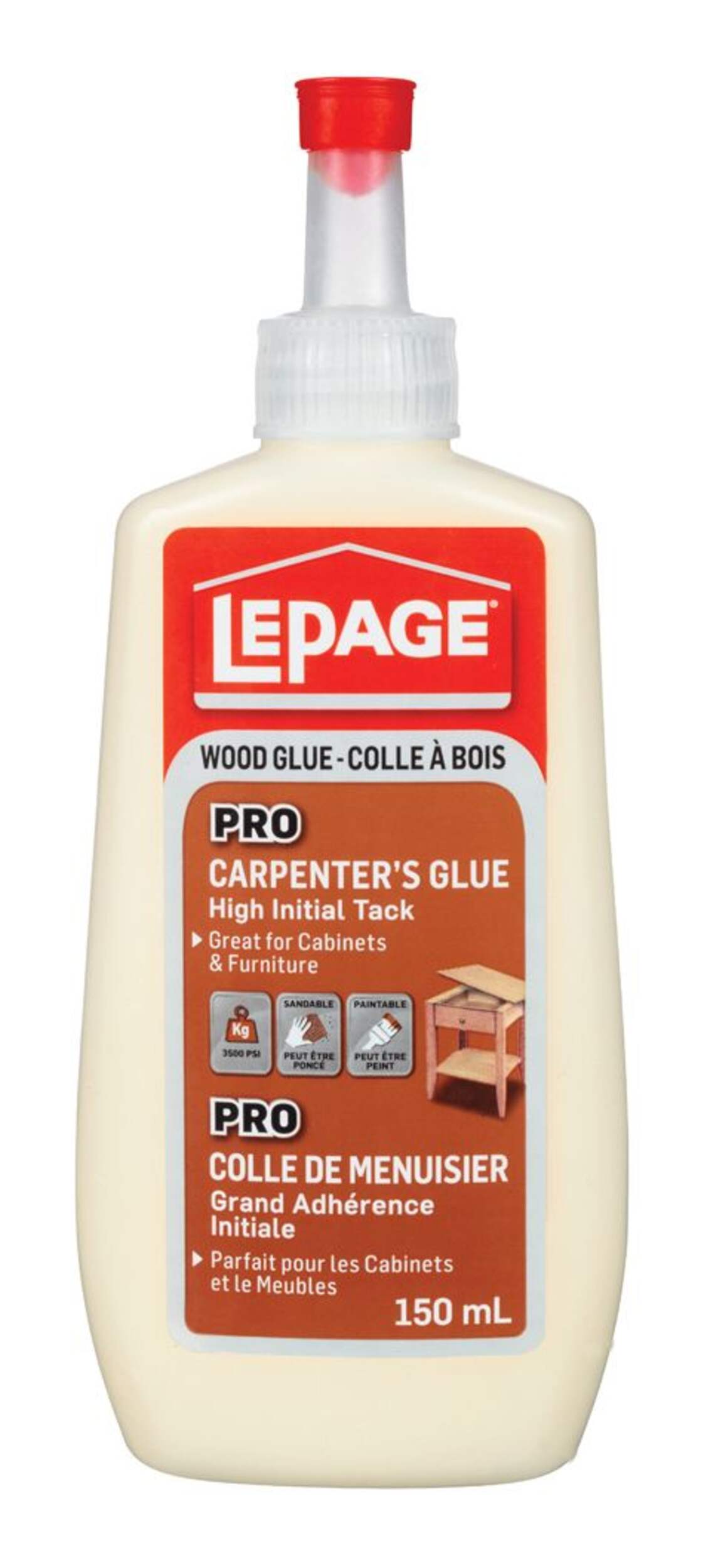 Colle à bois LePage Pro Carpenter's pour armoires, meubles et menuiserie, 150 mL Front_Flat