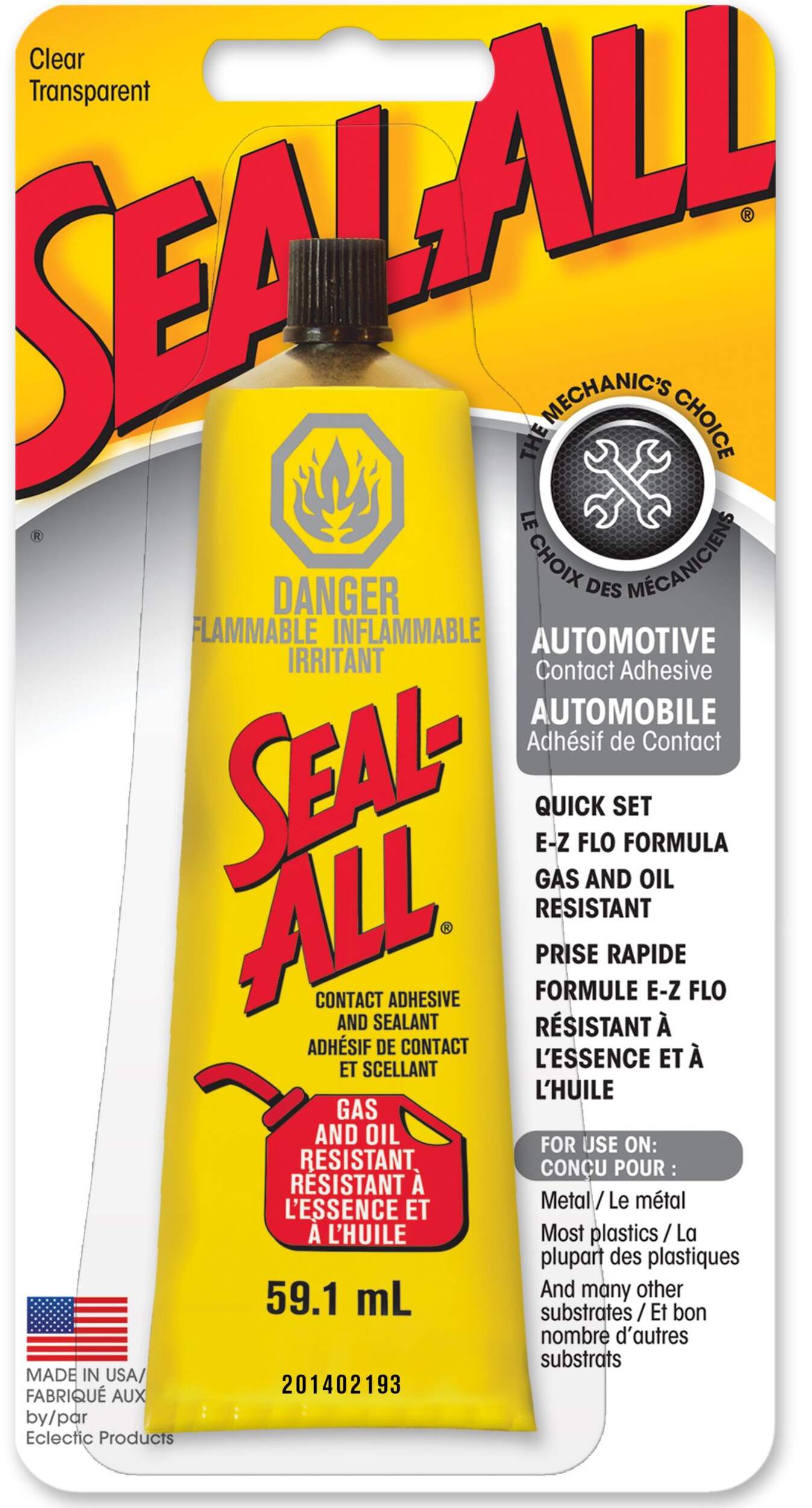Adhésif de contact et scellant Seal All Automotive, résistant à l'huile et au gaz, transparent, 59,1 mL Front_Flat