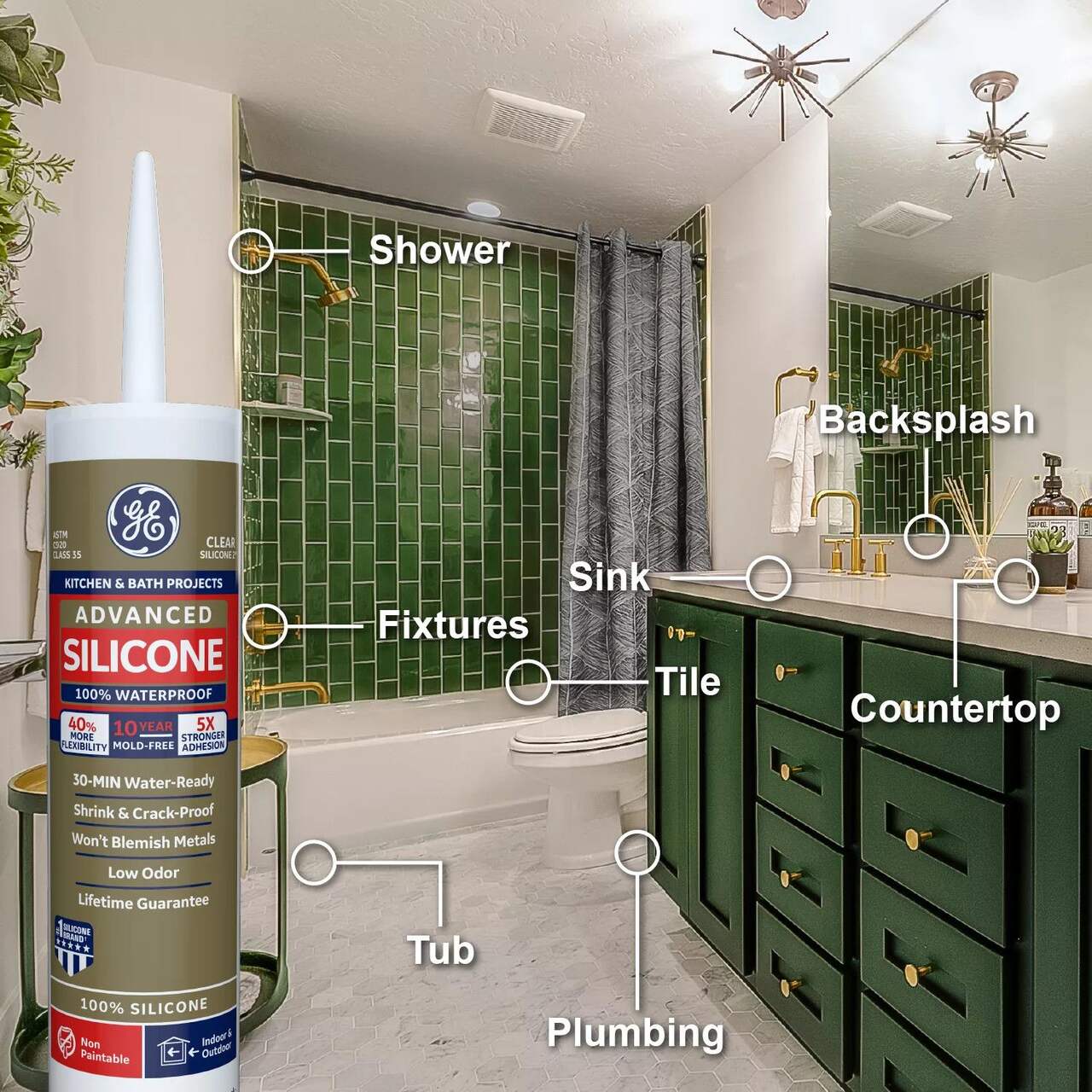 GE Silicone II Multi-Purpose Kitchen & Bath Sealant, Crack & Waterproof,  Clear, 299-mL