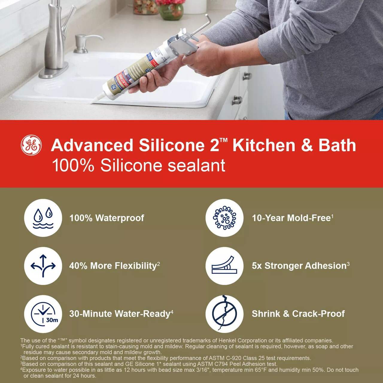 GE Silicone II Multi-Purpose Kitchen & Bath Sealant, Crack & Waterproof,  Clear, 299-mL