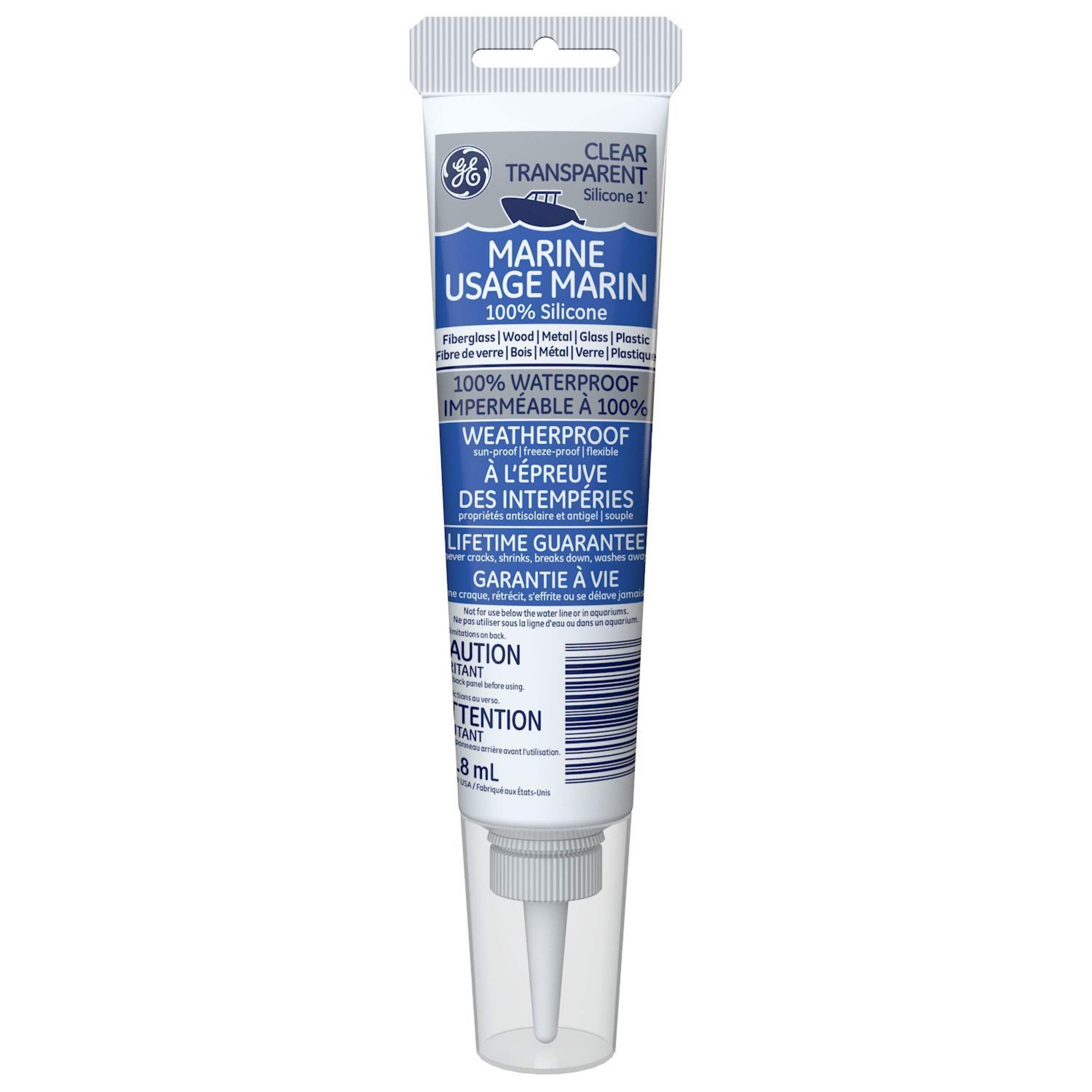 GE Marine Silicone Sealant, Waterproof, Weatherproof, Sun & Freeze-Proof, Clear, 82.8-mL Front_Flat