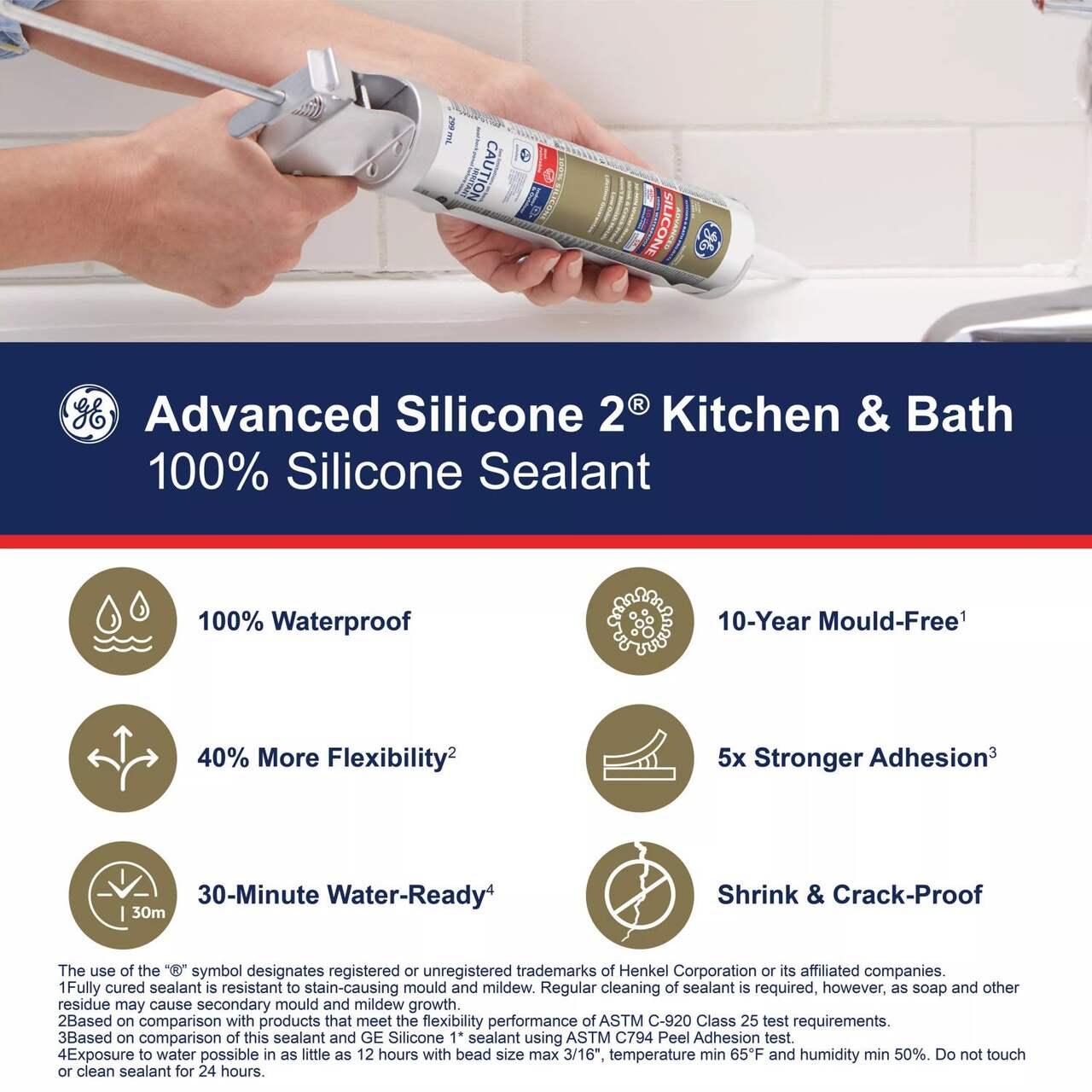 GE Silicone II Multi-Purpose Kitchen/Bath Sealant, Waterproof Caulk,  Almond, 299-mL