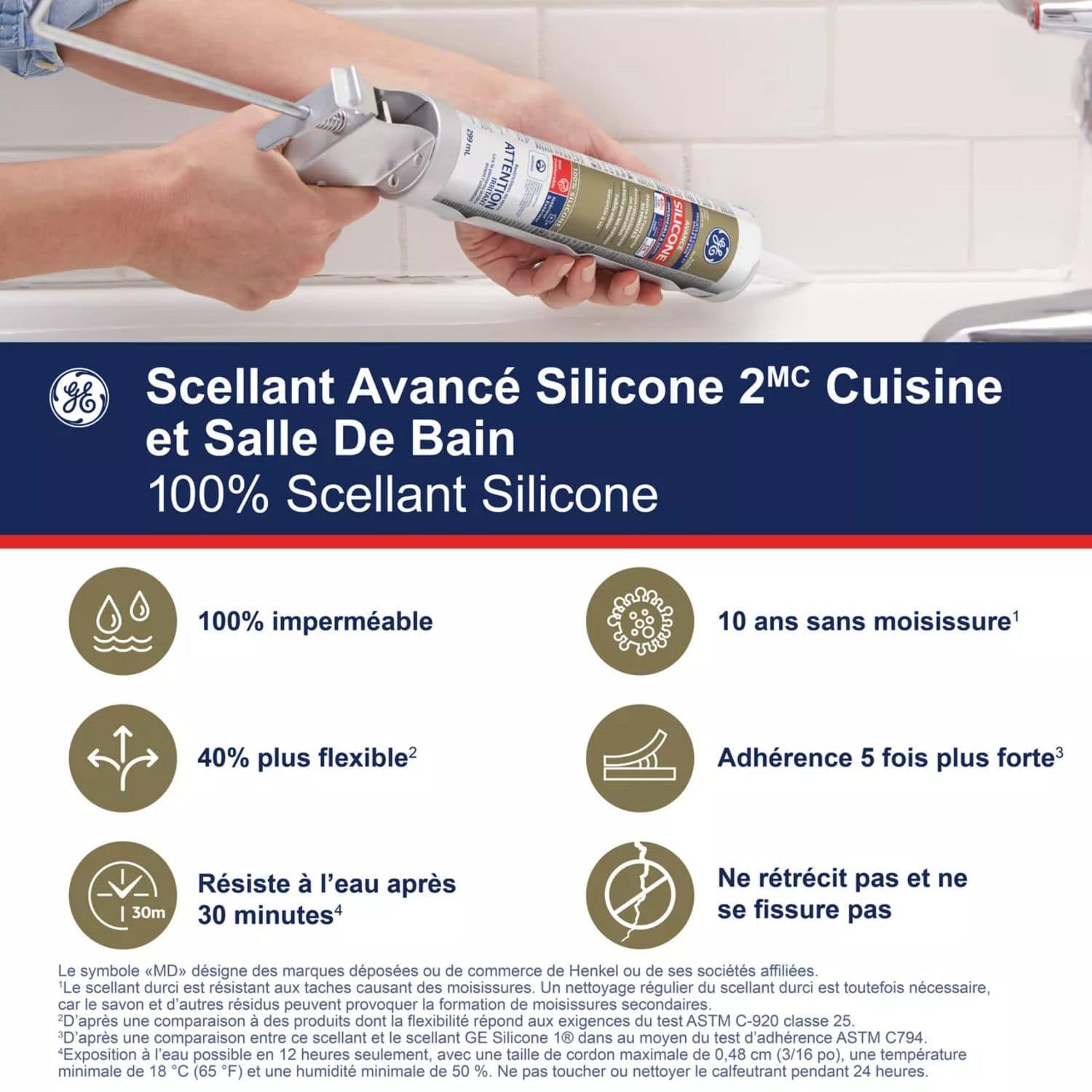 Scellant silicone pour cuisine et salle de bain GE, pour bain et tuiles,  imperméable à 100%, transparent, 10,1 oz