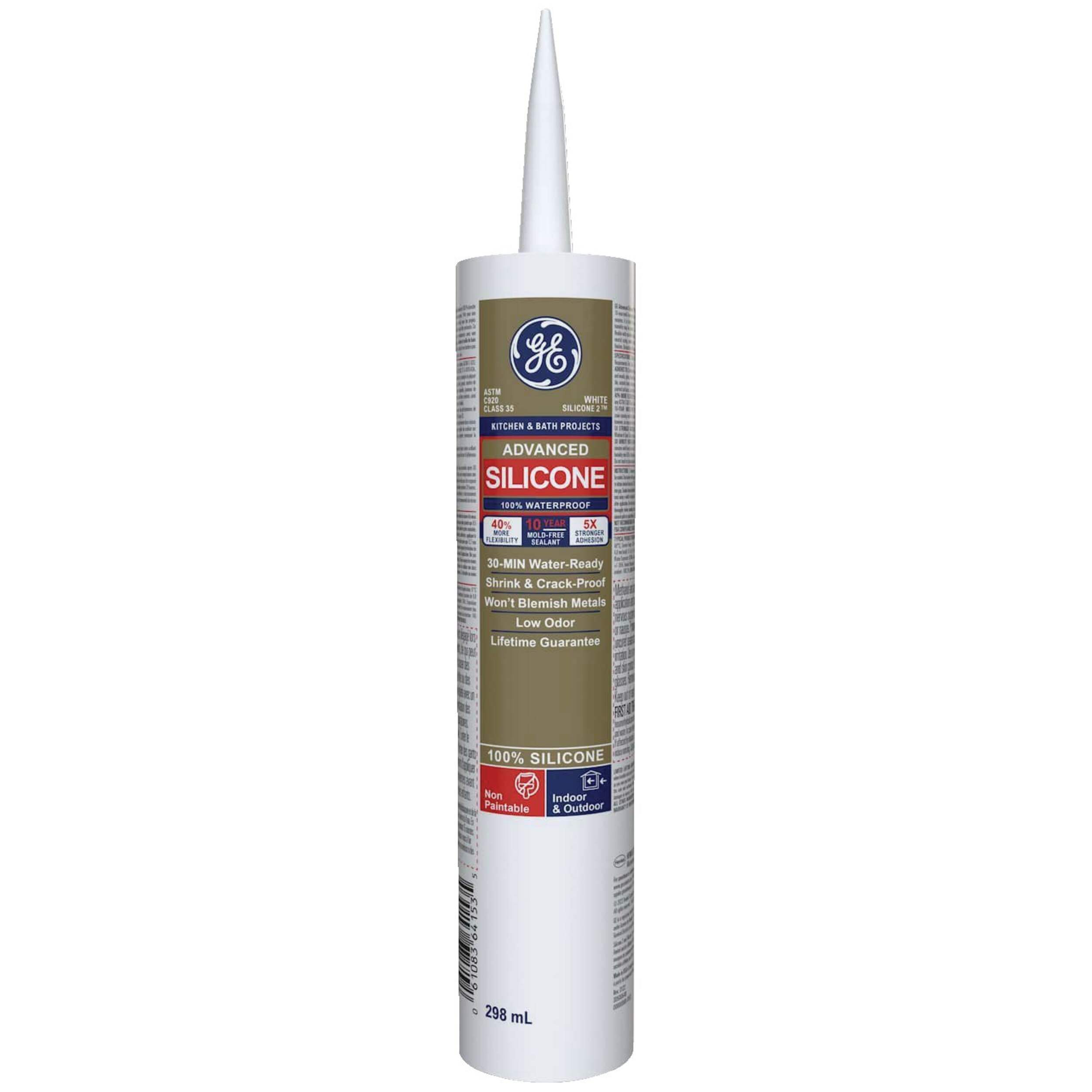 GE Silicone II Multi-Purpose Kitchen & Bath Sealant, Crack & Waterproof, White, 299-mL Front_Flat