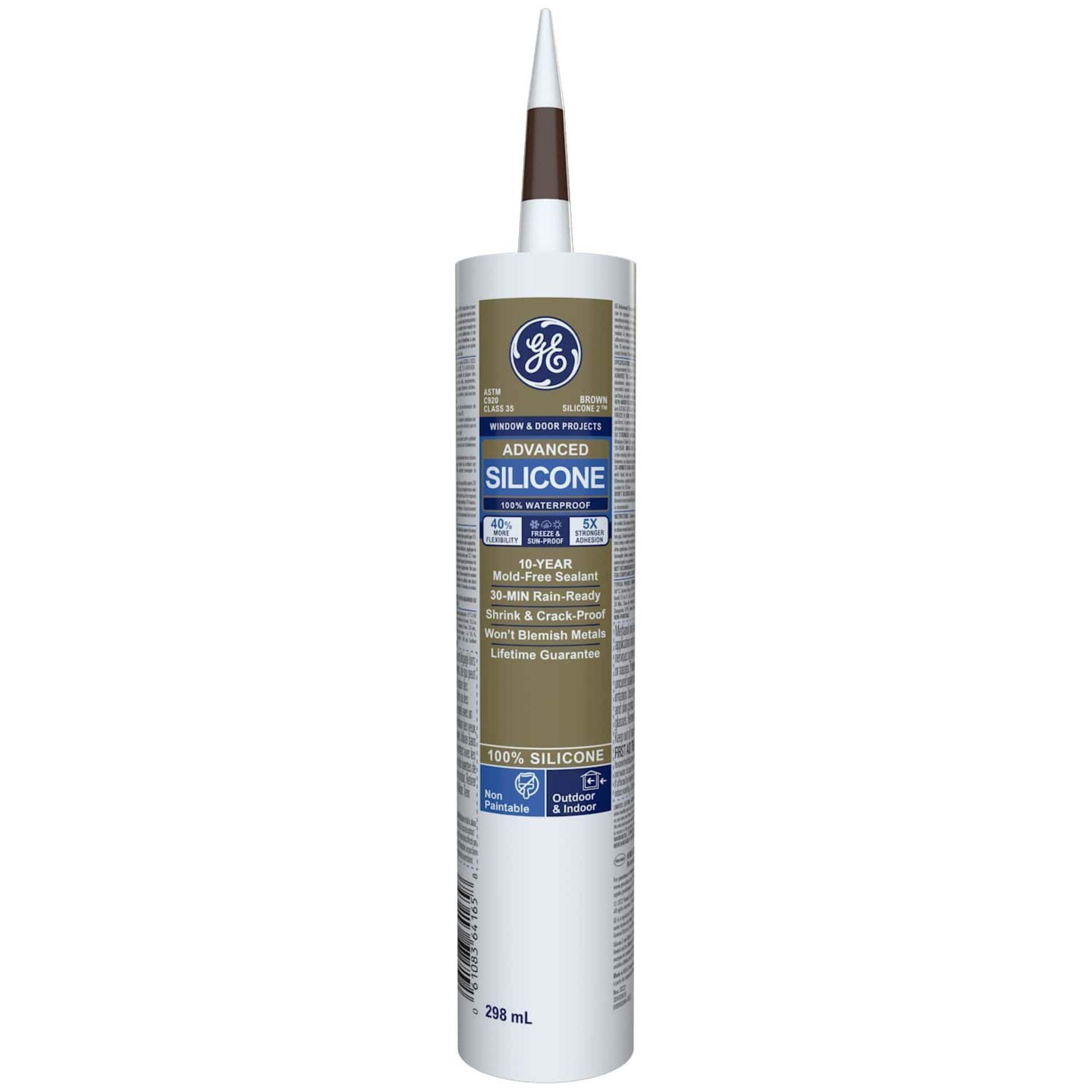 GE Silicone II Window & Door Sealant, Indoor/Outdoor, Weather & Waterproof, Brown, 299-mL Front_Flat