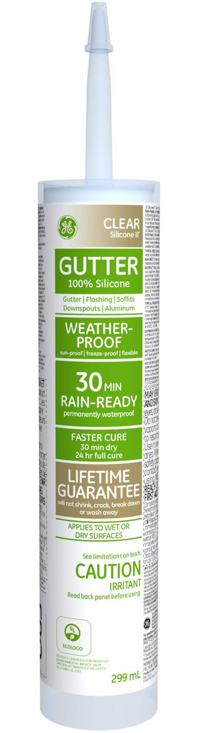 GE Gutter & Flashing Flexible Silicone Sealant, Waterproof & Weatherproof, Clear, 299-mL Front_Flat