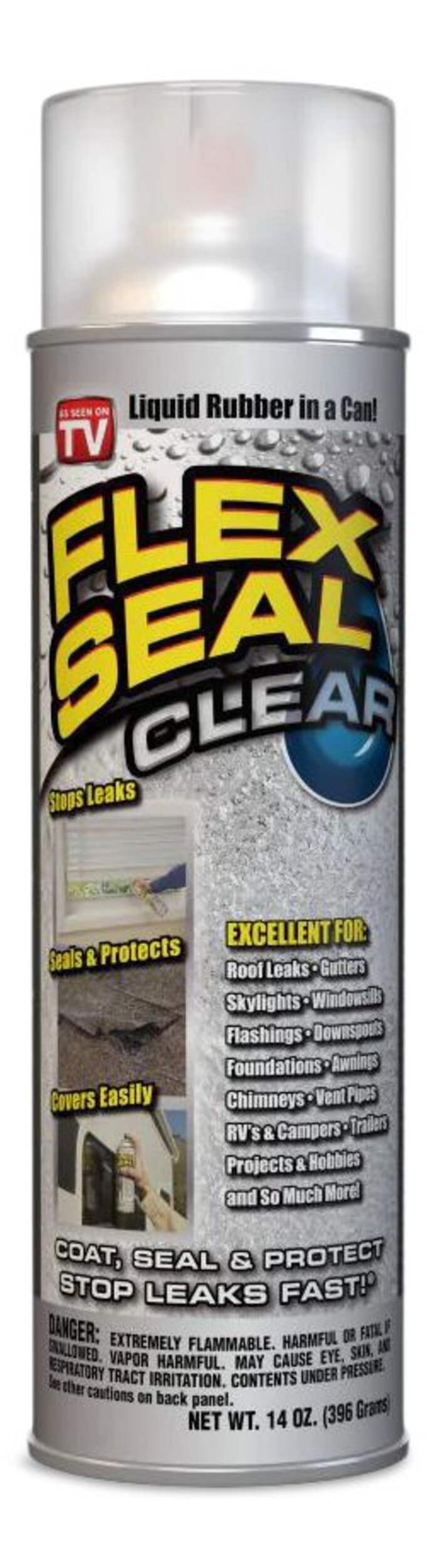 Flex Seal Liquid Rubber Sealant Coating, Spray-On Waterproof Leak Protector, Clear, 14-oz Front_Flat