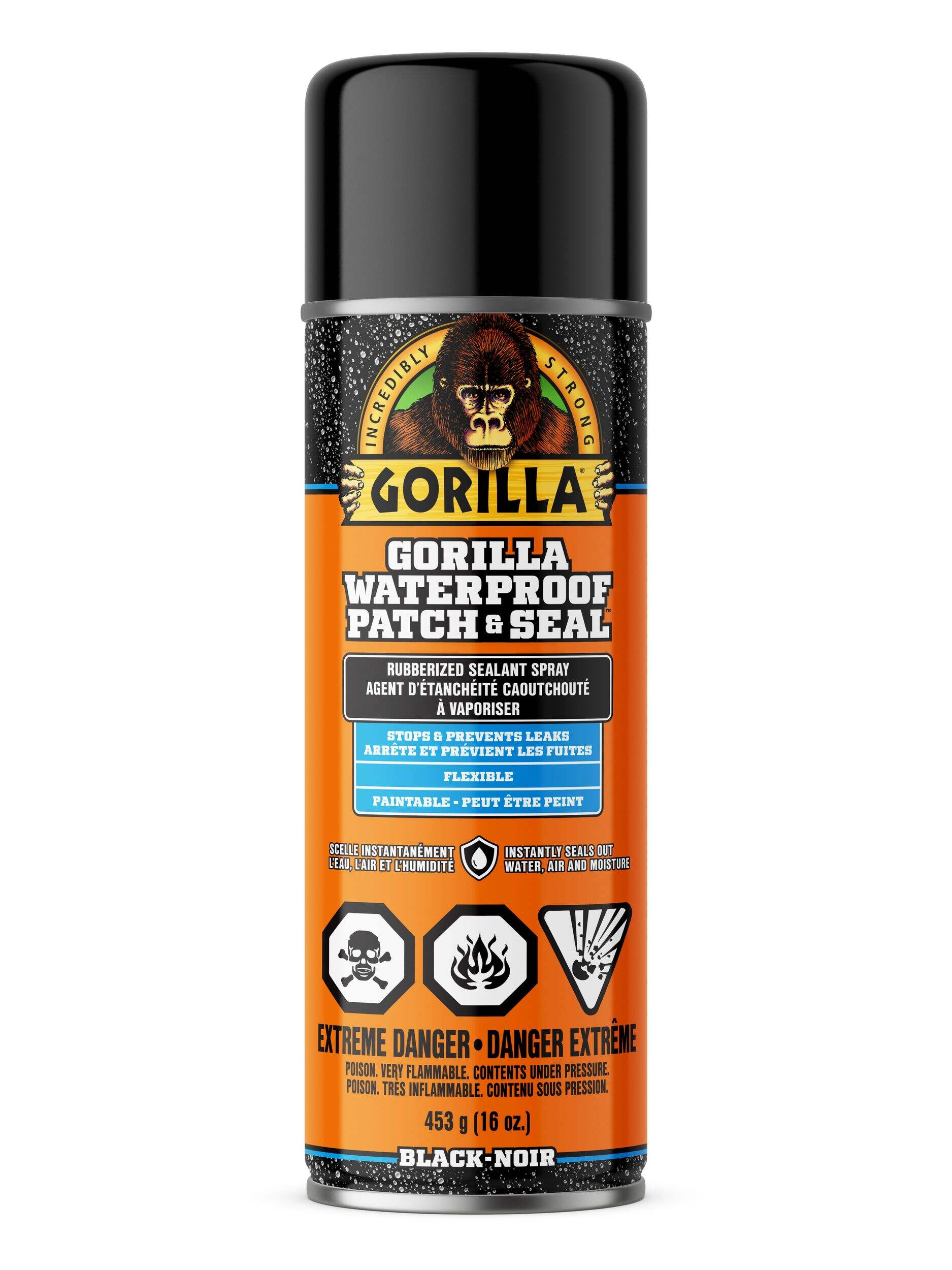 Gorilla Waterproof Patch & Seal, Indoor/Outdoor Rubberized Sealant Spray, Black, 16-oz Front_Flat