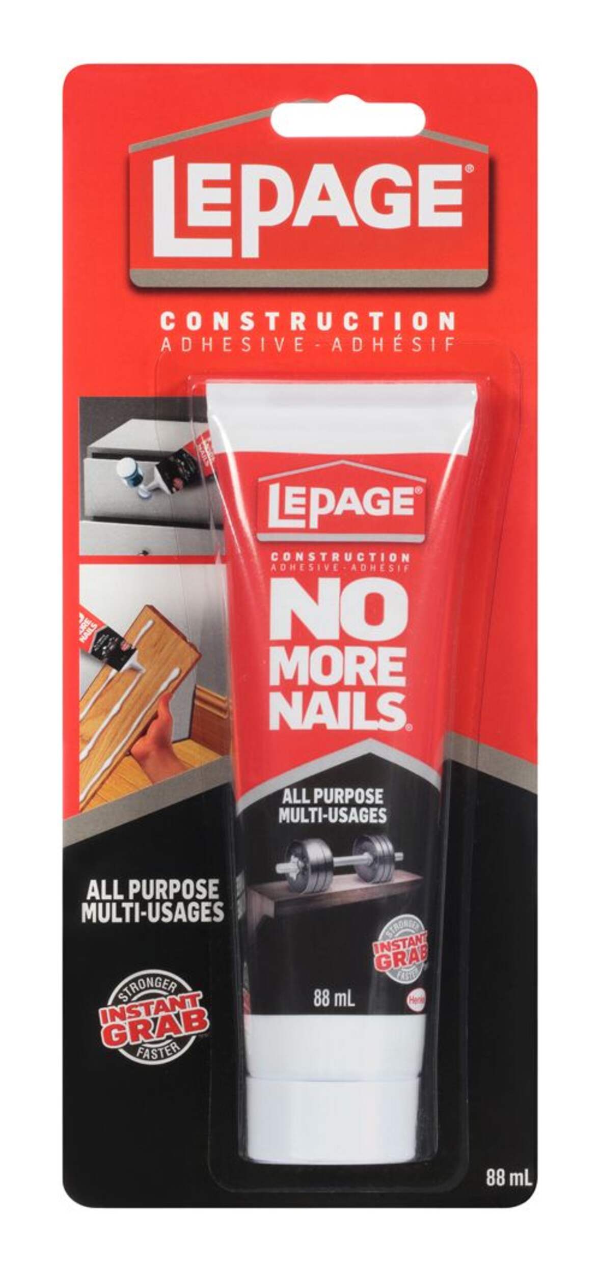 LePage No More Nails Instant Grab All-Purpose Construction Adhesive Glue, Clear, 88-mL Front_Flat