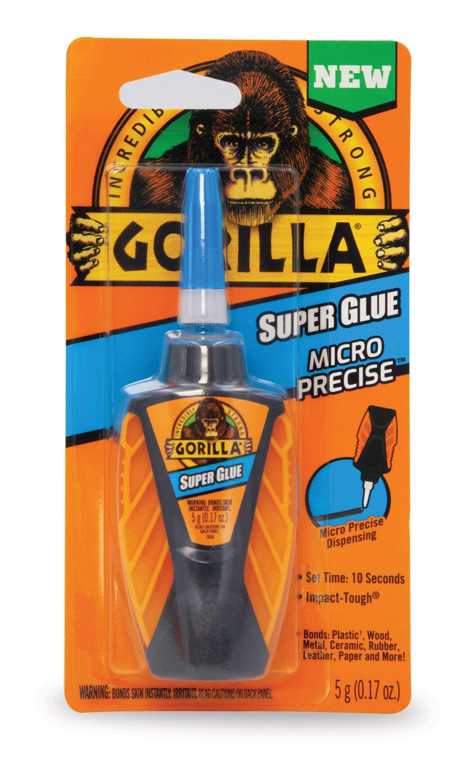 Gorilla Micro Precise Super Glue Adhesive with Anti-Clog Cap, Fast-Setting, Clear, 5-g Front_Flat