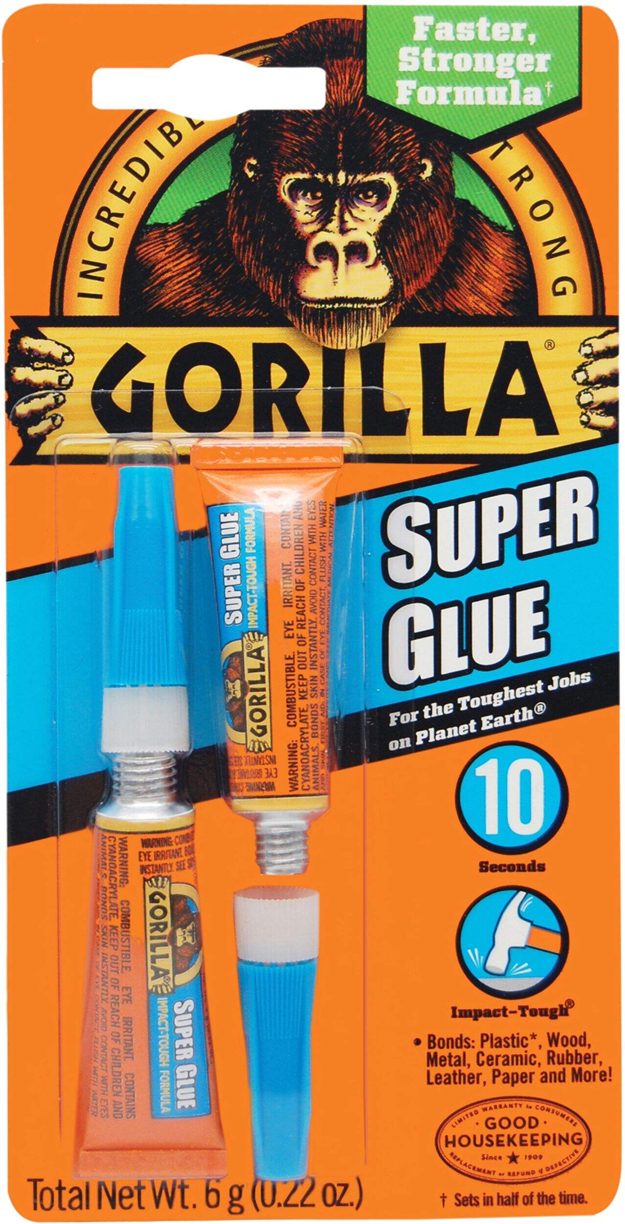 Gorilla Multi-Purpose Fast-Setting Super Glue Adhesive with Anti-Clog Cap, Clear, 6-g, 2-pk Front_Flat