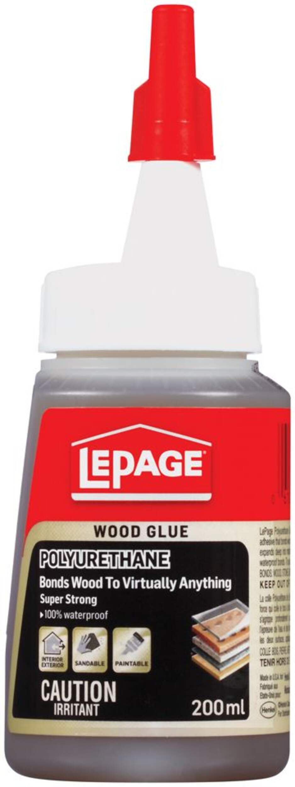LePage Polyurethane Wood Glue, Indoor/Outdoor, Waterproof, Sandable, Paintable, Brown, 200-mL Front_Flat