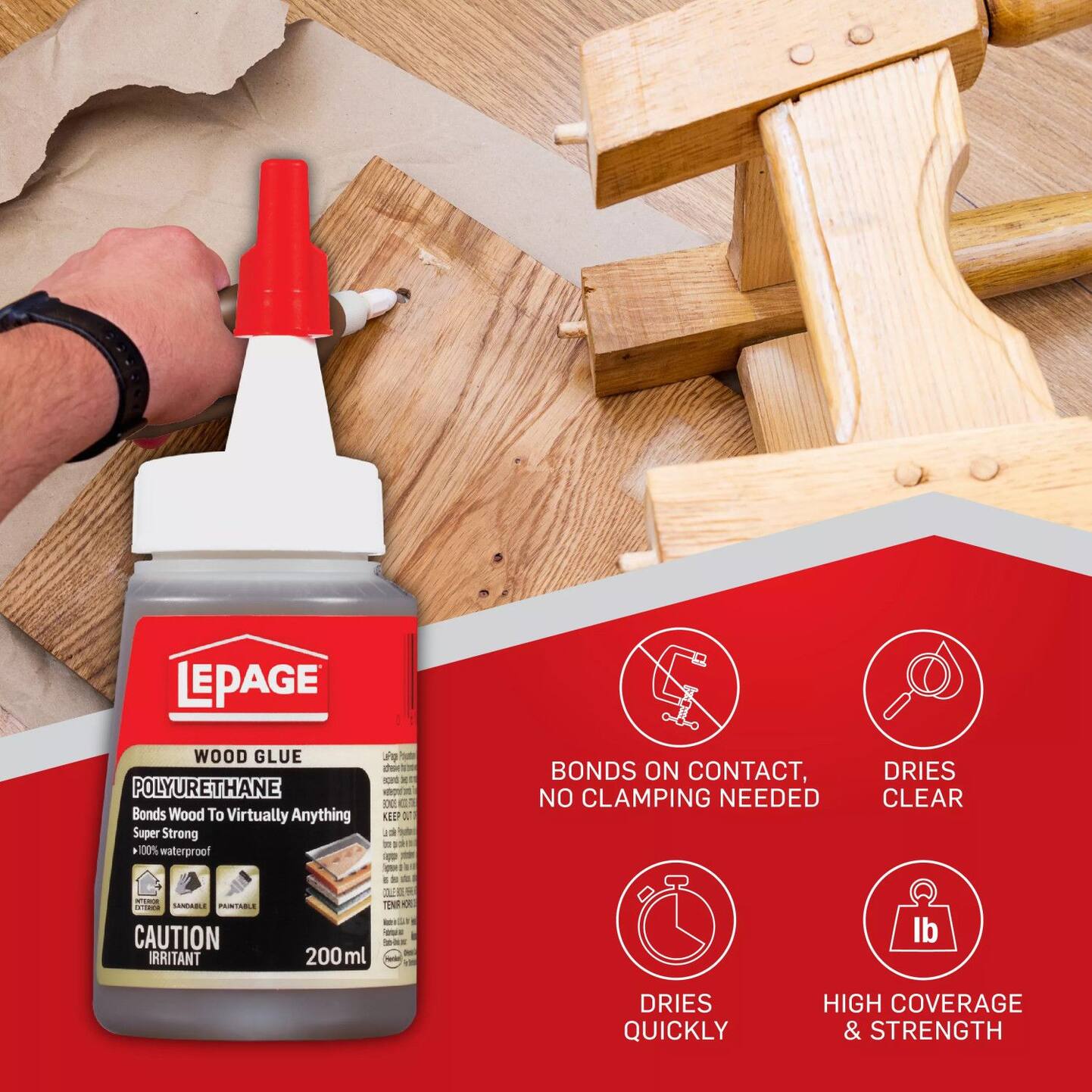 LePage Polyurethane Wood Glue, Indoor/Outdoor, Waterproof, Sandable