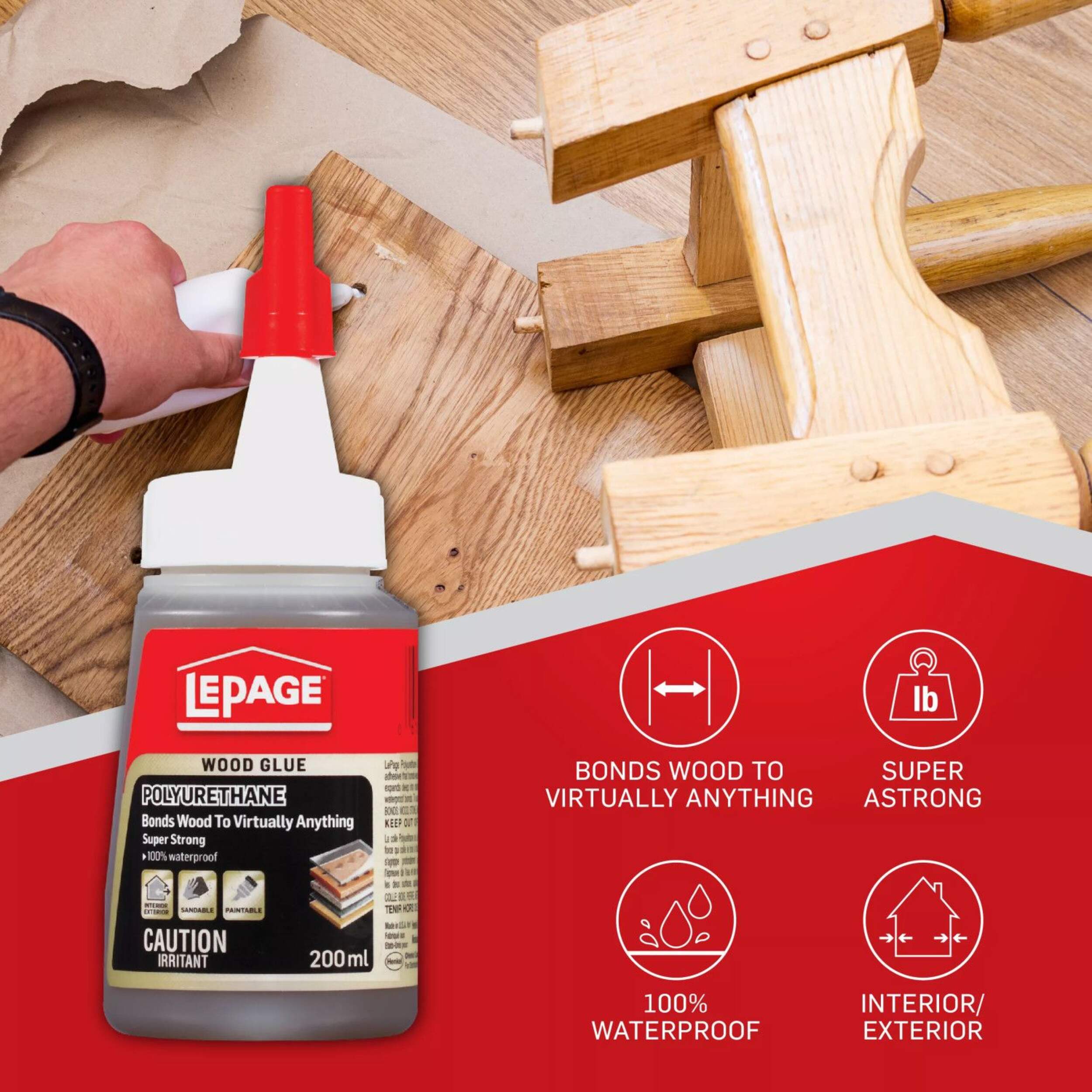 LePage Polyurethane Wood Glue, Indoor/Outdoor, Waterproof, Sandable