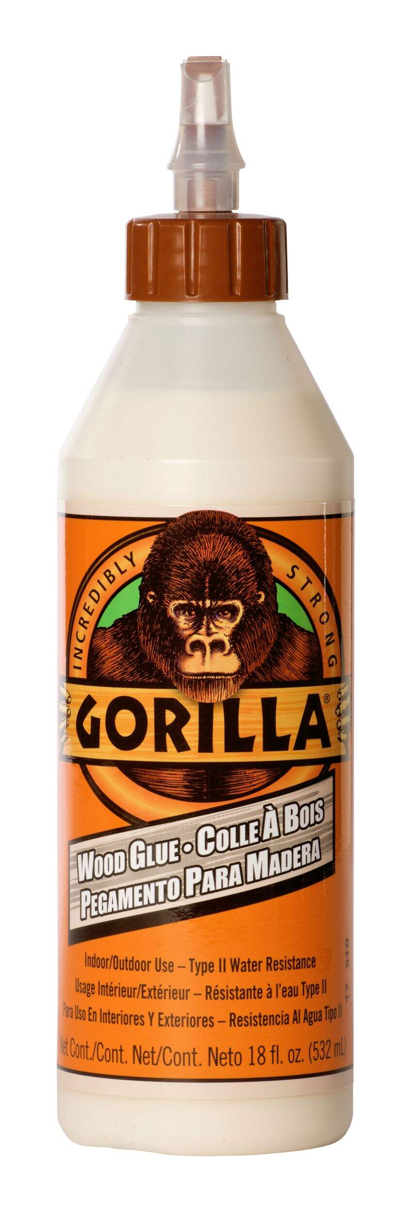 Gorilla Wood Glue, Sandable, Paintable, Indoor/Outdoor, Water-Resistant, Natural, 18-oz Front_Flat