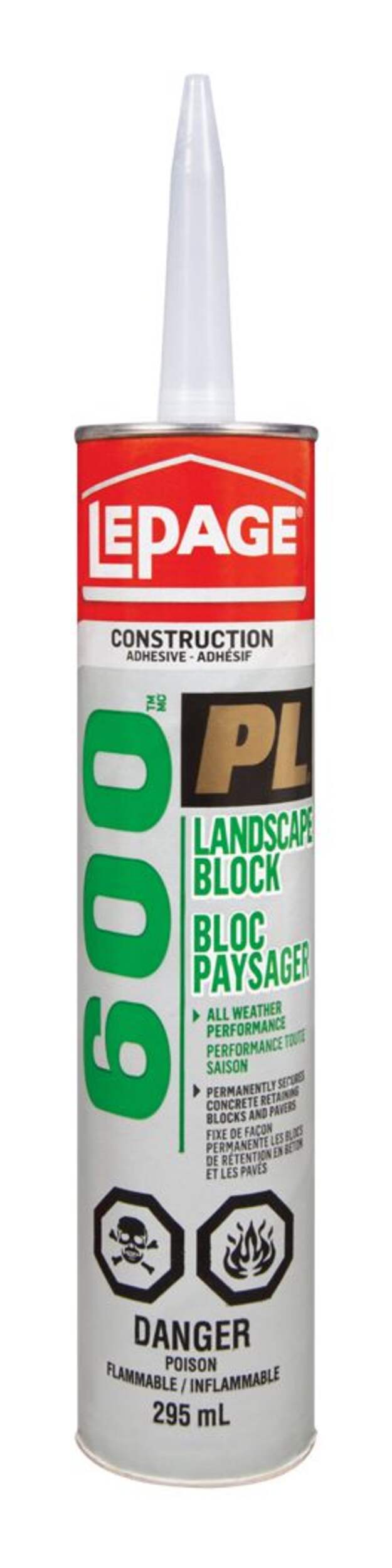 LePage PL 600 Landscape Block All-Weather Construction Adhesive Glue, Brown, 295-mL Front_Flat
