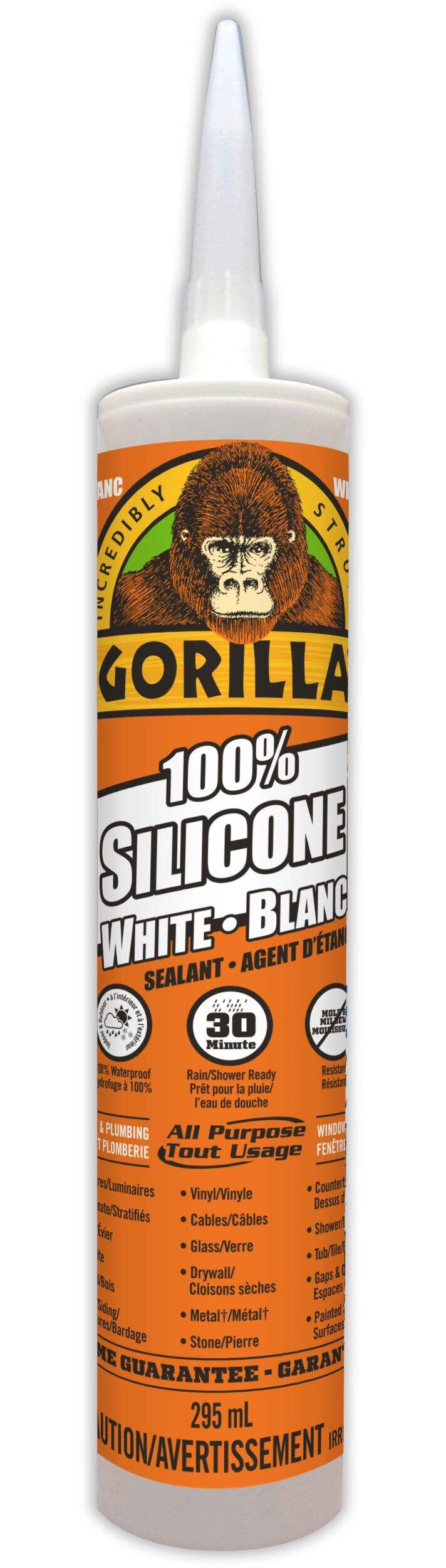 Gorilla All-Purpose Silicone Sealant, Indoor/Outdoor, Crack & Waterproof, White, 295-mL Front_Flat