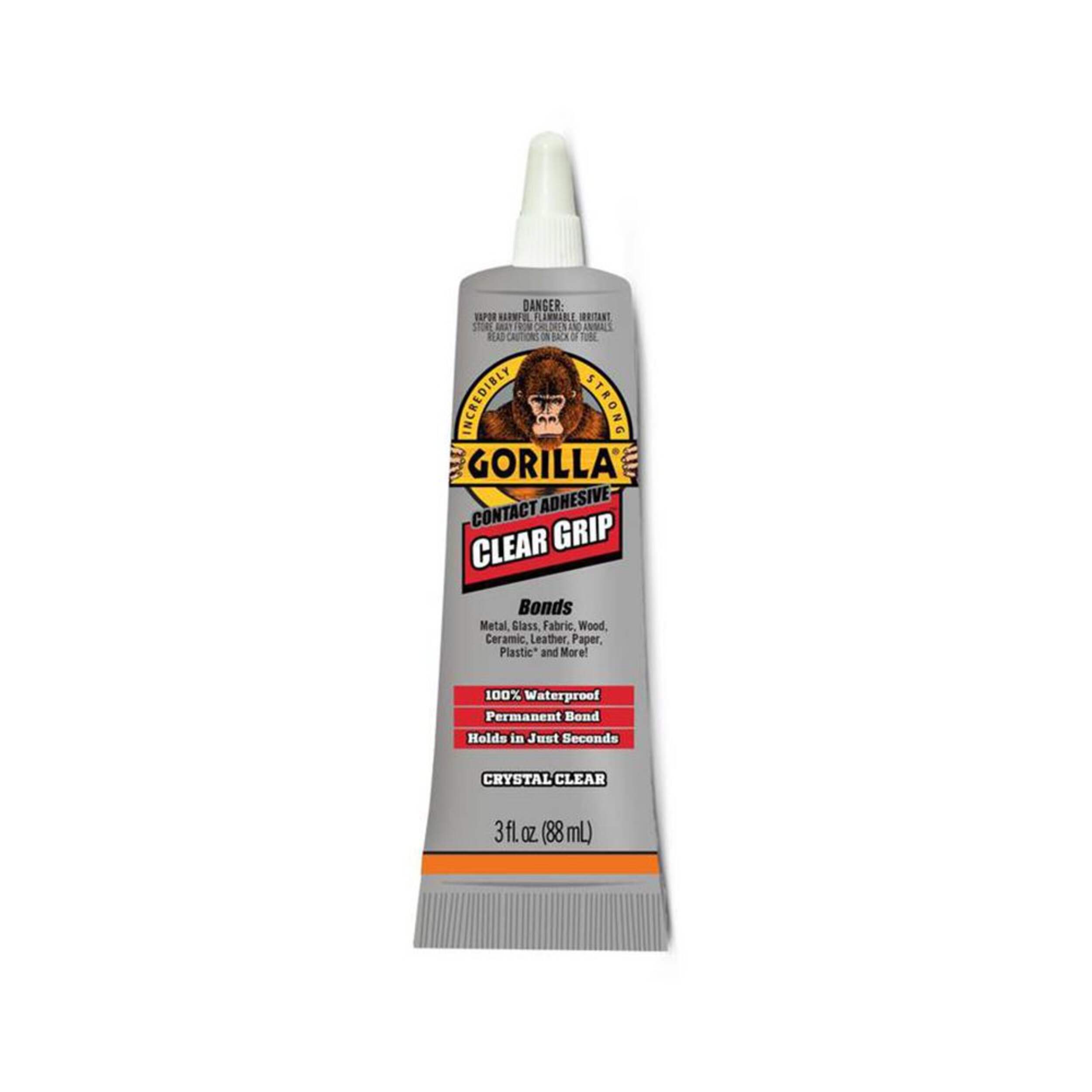 Gorilla Glue Clear Grip Permanent Bond Contact Adhesive, Waterproof, Crystal Clear, 88-mL Front_Flat