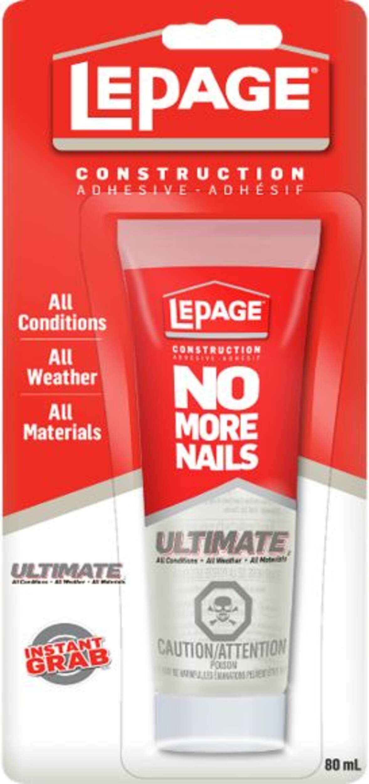 Colle de construction tout usage LePage No More Nails, étanche, transparent, 80 mL Front_Flat