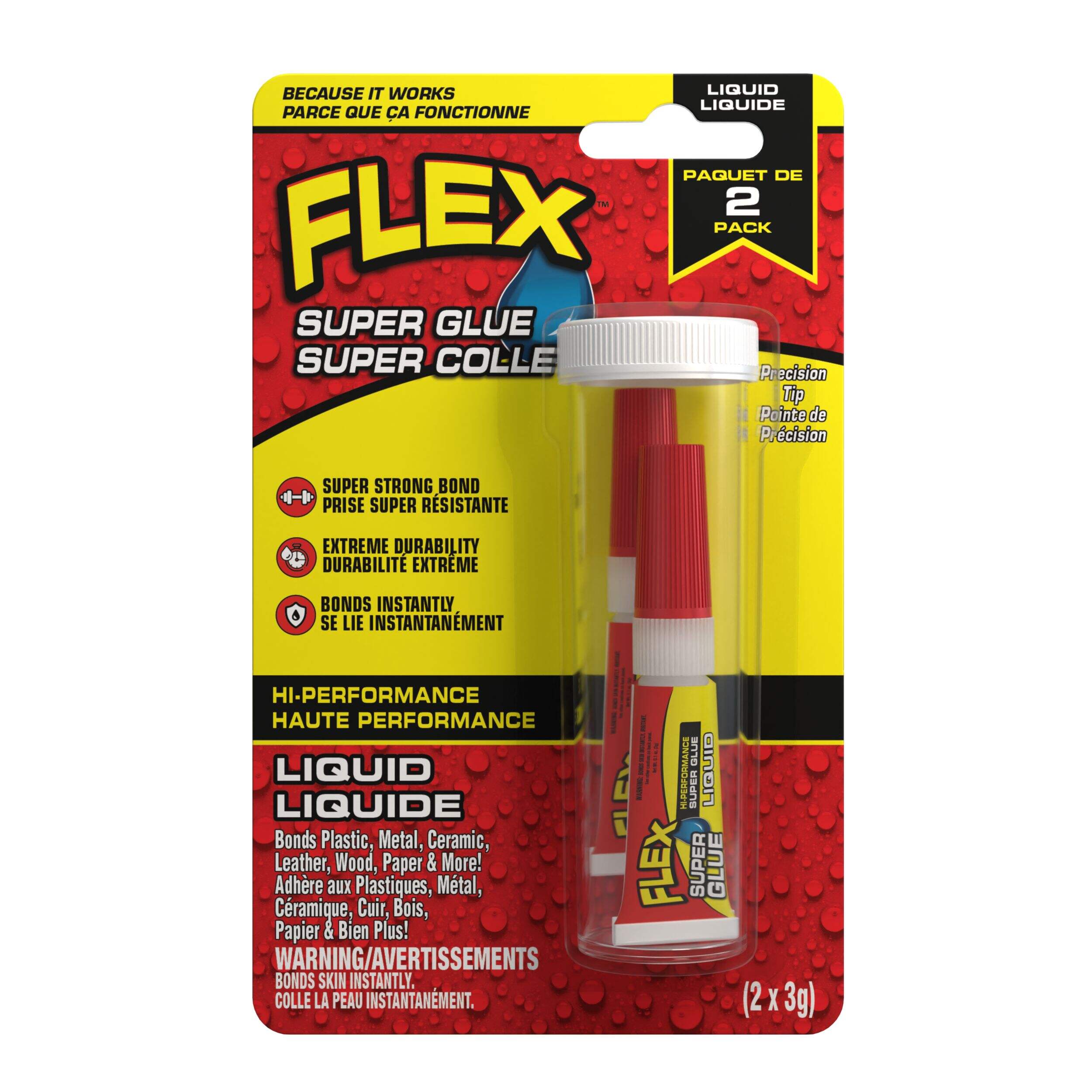 Flex Super Glue™ Hi-Performance Liquid Rubberized Adhesive Glue with Precision Tip, 3g Tube, 2-pk Front_Flat