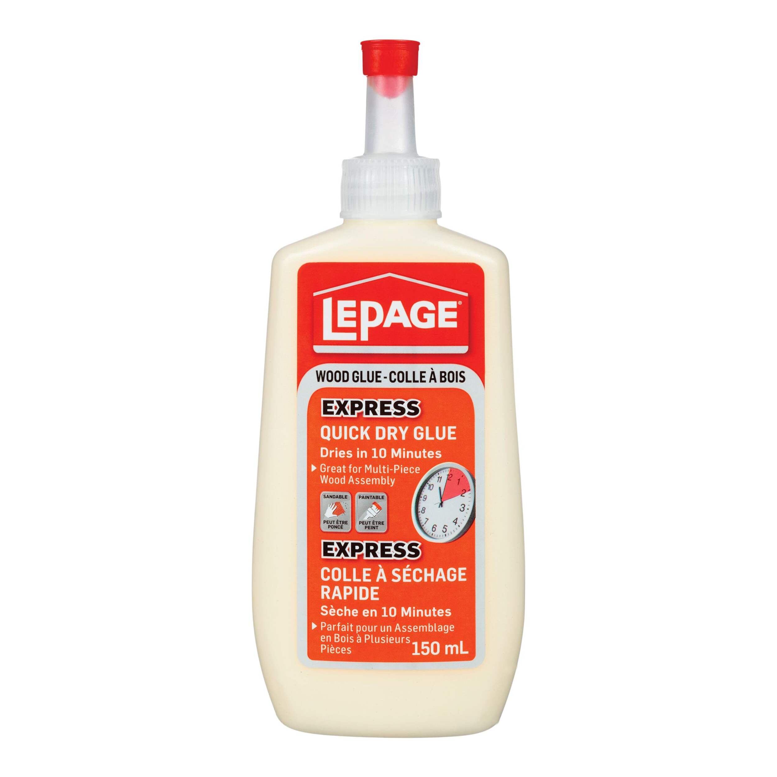 LePage Express Quick Dry Wood Glue, For Carpentry & Cabinet Making, Sandable, Paintable, 150-mL Front_Flat