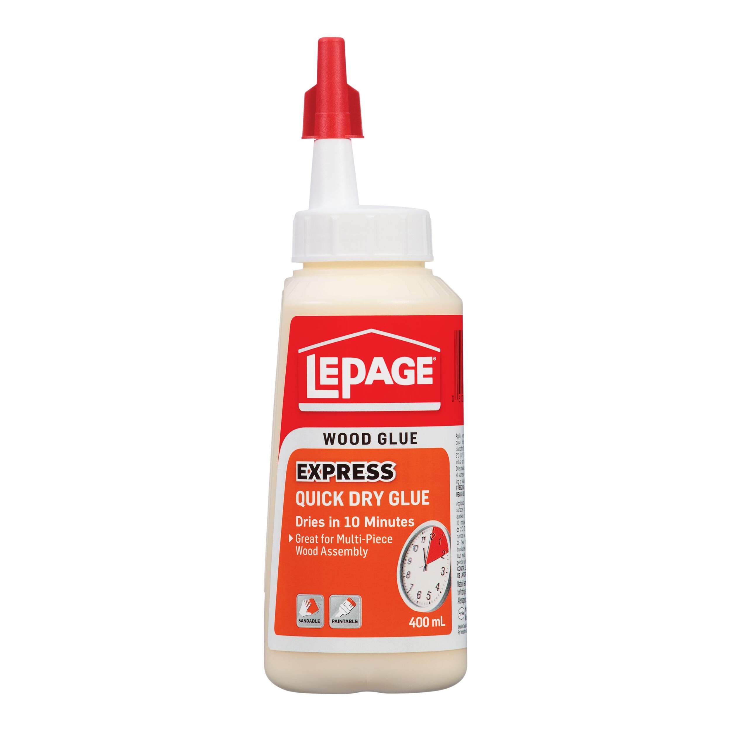 LePage Express Quick Dry Wood Glue, For Carpentry & Cabinet Making, Sandable, Paintable, 400-mL Front_Flat
