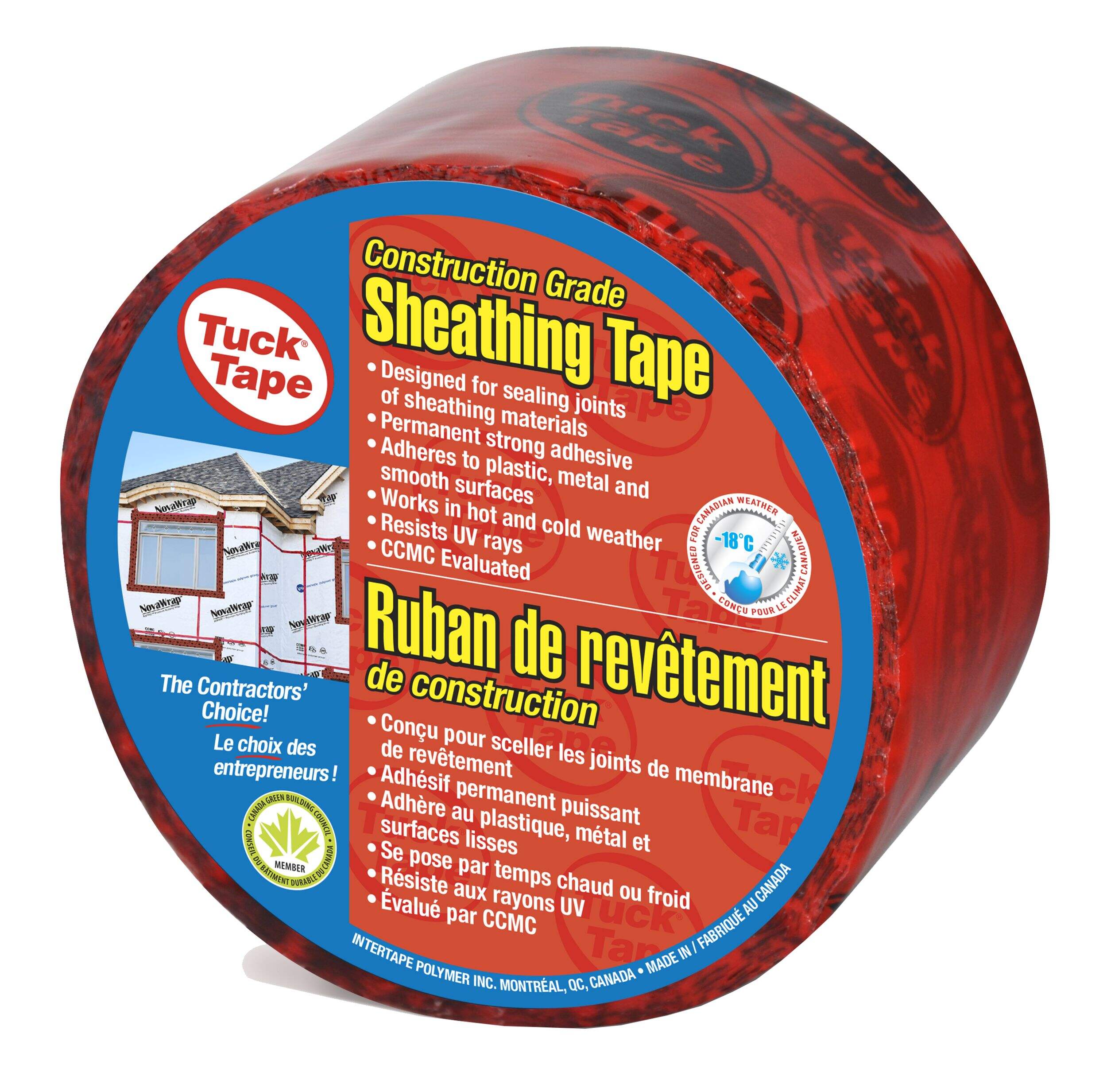 Tuck Tape Construction Grade Sheathing Tape, Weather & Water-Resistant, Red, 60-mm x 55-m Front_Angled_Left