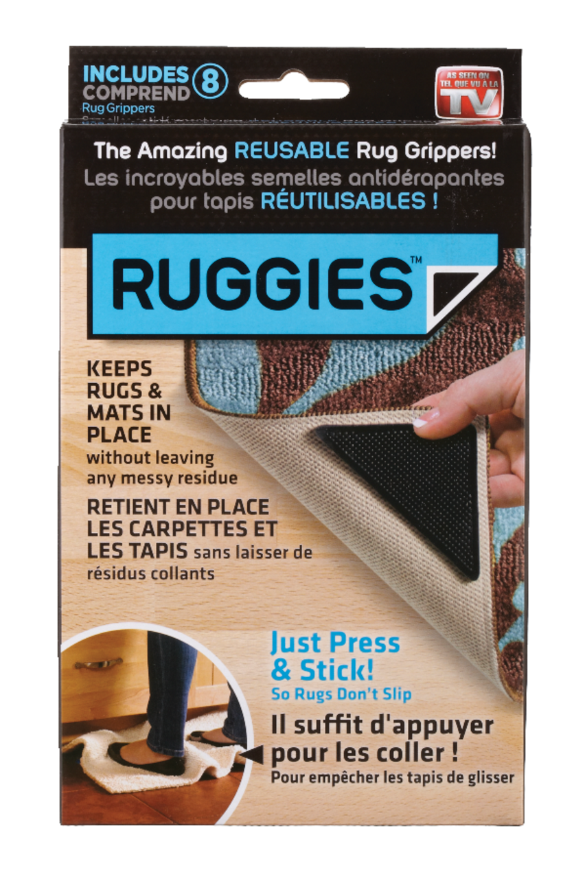 Semelles antidérapantes pour tapis réutilisables Ruggies, appuyer et  coller, anti-roulement, lavables, paq. 8